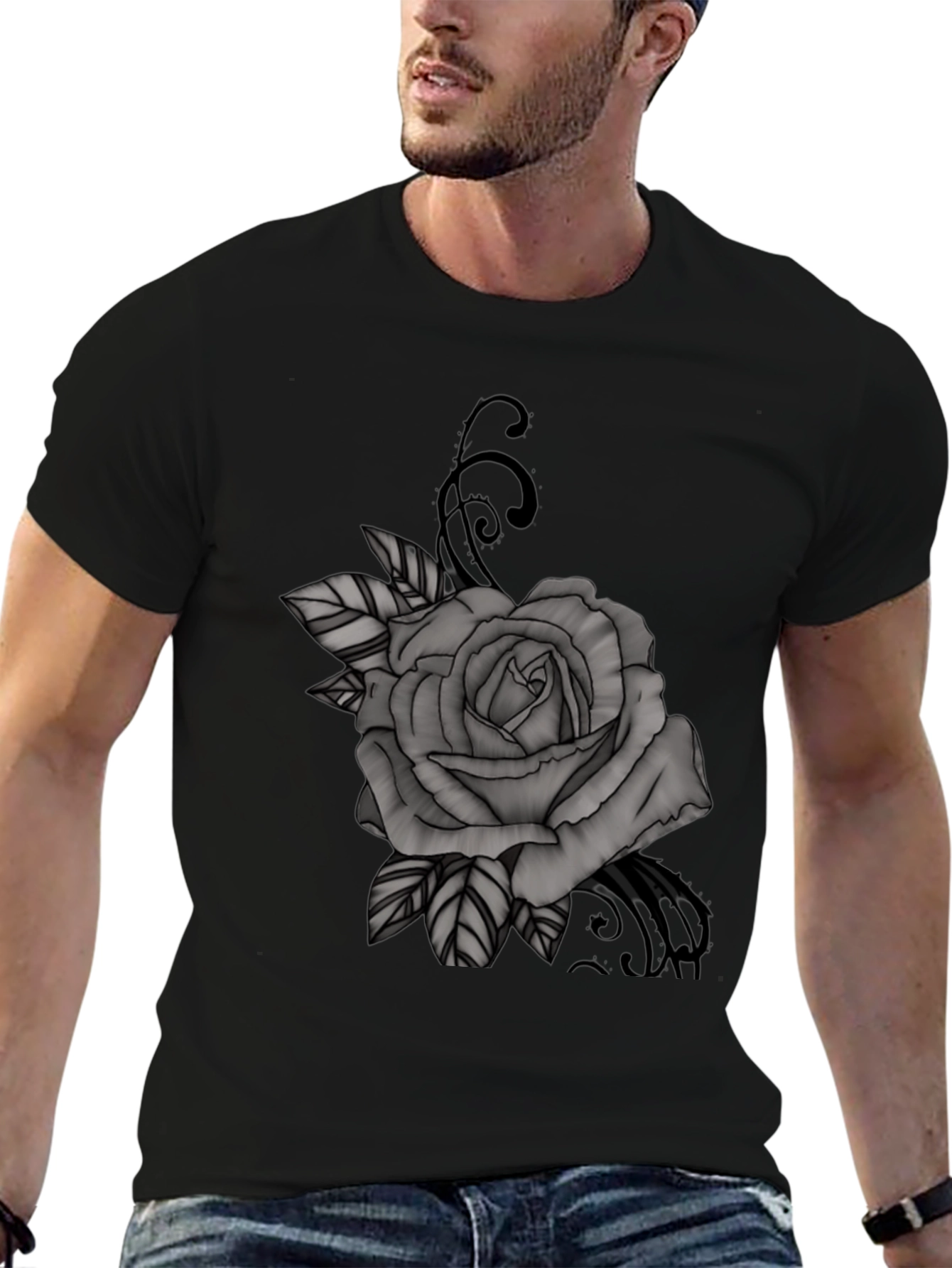 Black T-Shirt with Gray Rose Graphic