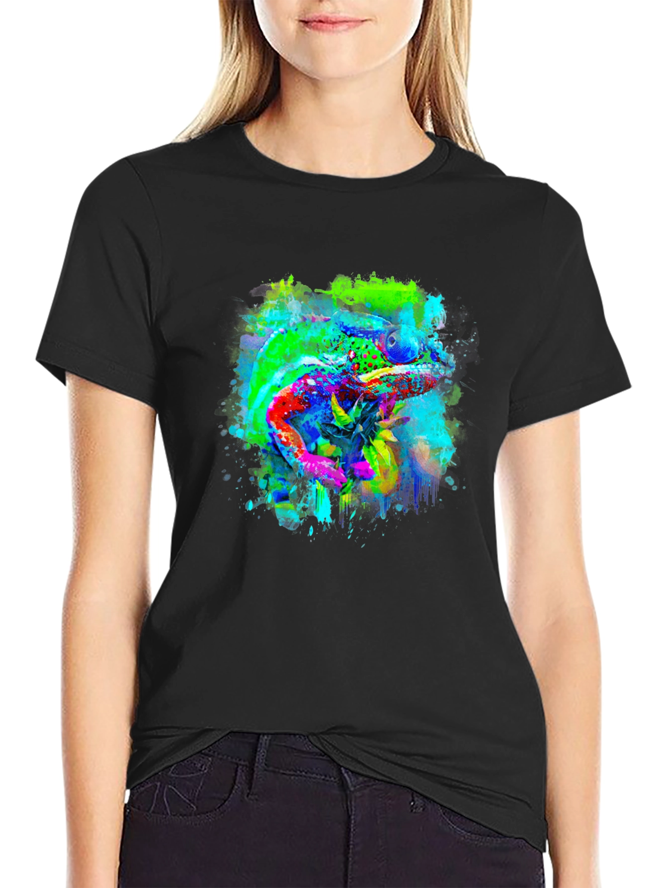 Vibrant Chameleon Art Black T-Shirt