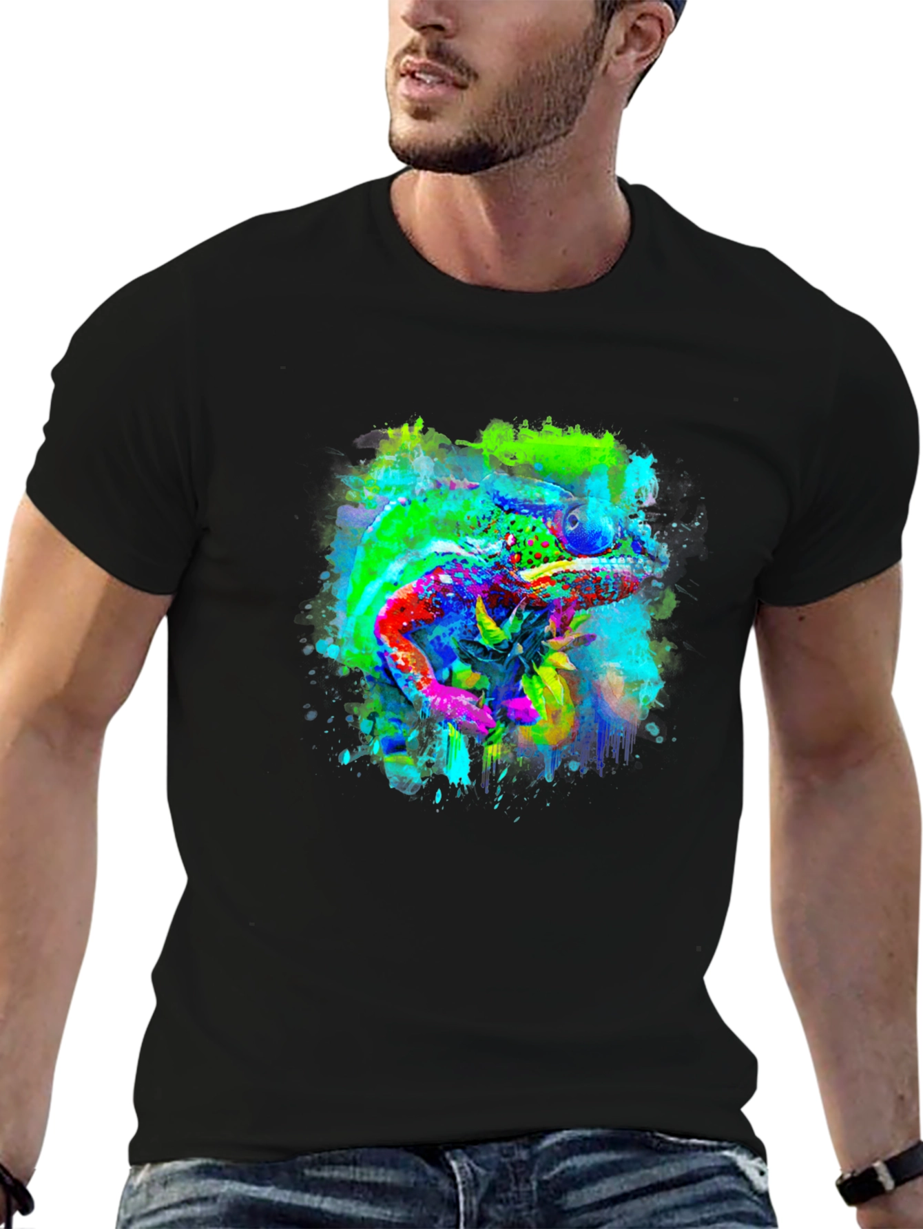 Vibrant Chameleon Art Black T-Shirt