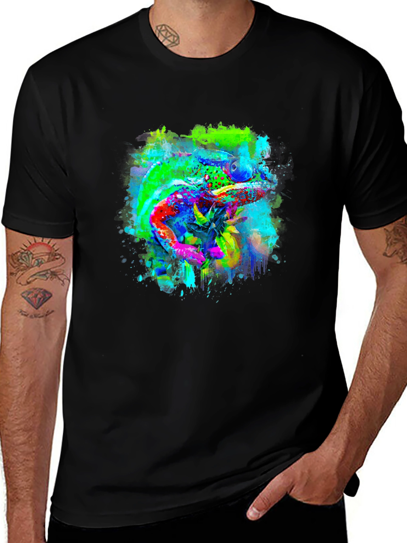 Vibrant Chameleon Art Black T-Shirt
