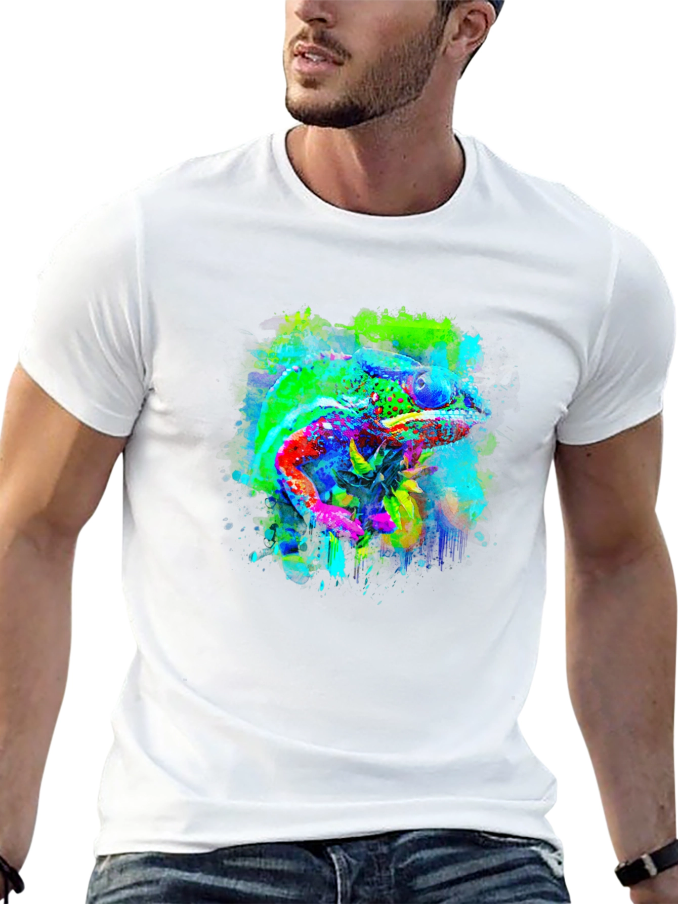 Vibrant Chameleon Art Black T-Shirt