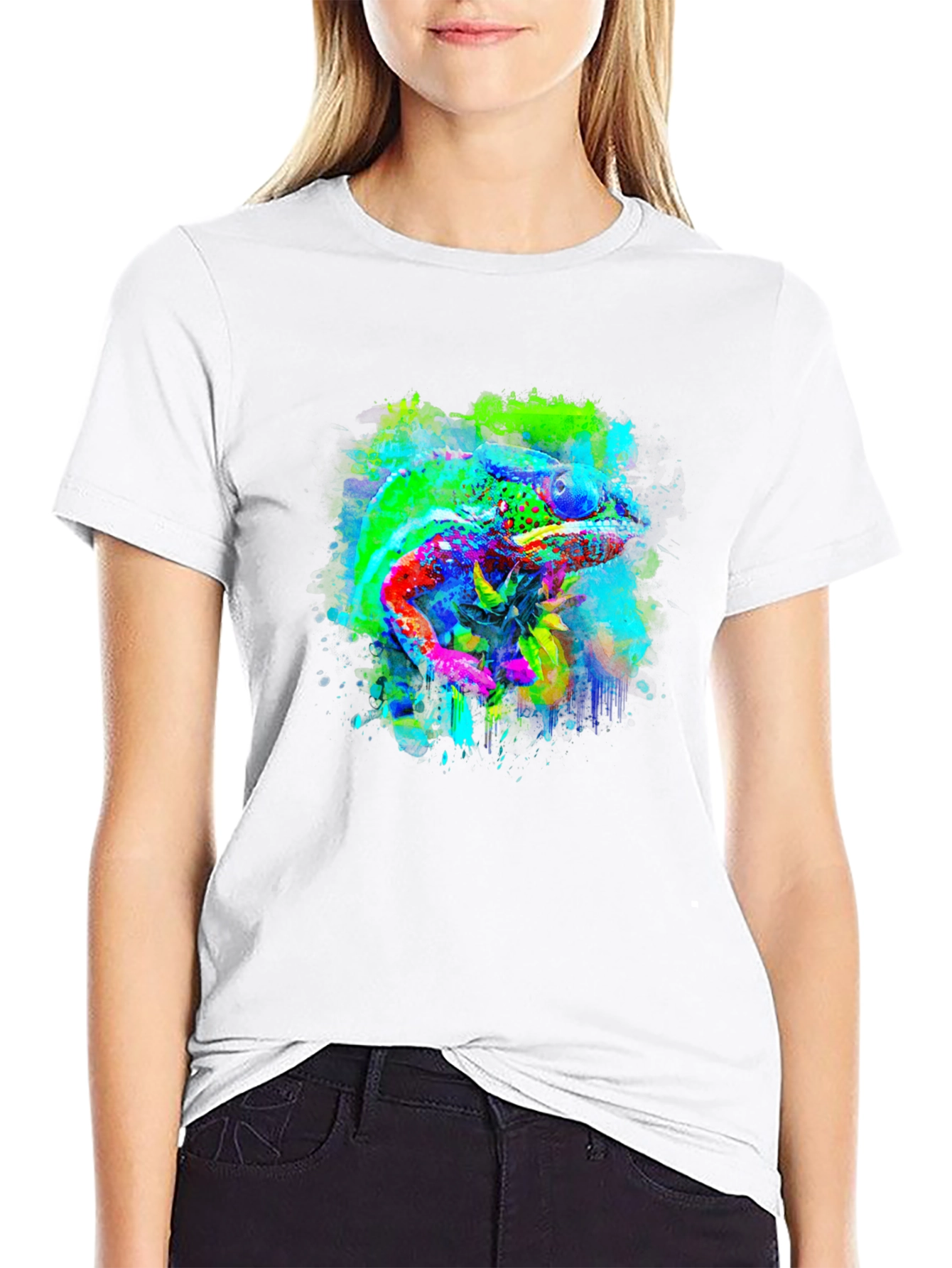 Vibrant Chameleon Art Black T-Shirt