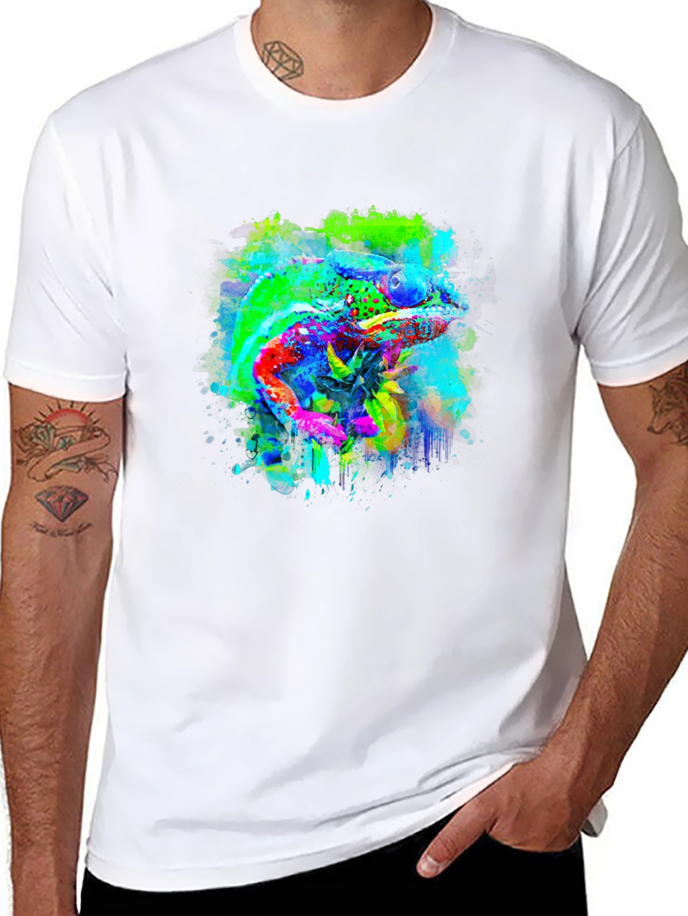 Vibrant Chameleon Art Black T-Shirt