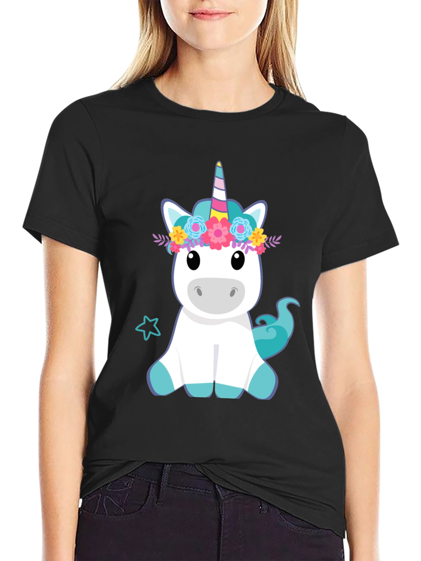 Unicorn Graphic Print Black T-Shirt