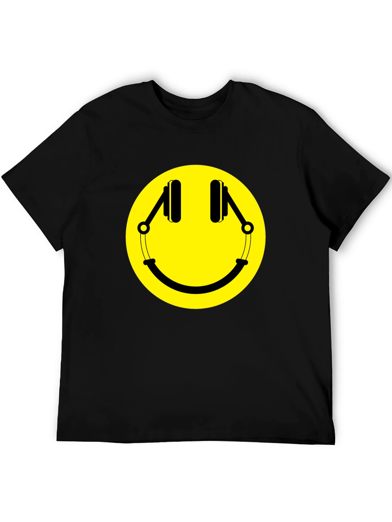 Smiley Face Headphones Graphic T-Shirt - Black
