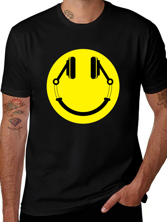 Smiley Face Headphones Graphic T-Shirt - Black