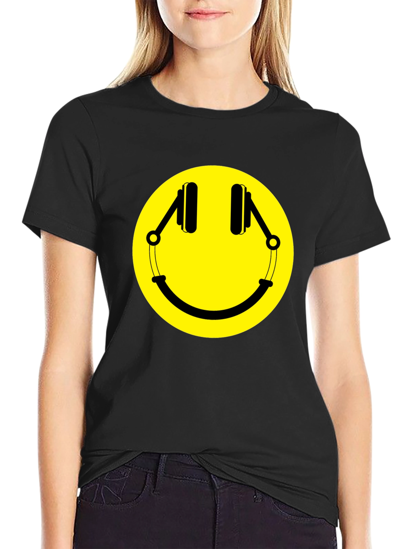 Smiley Face Headphones Graphic T-Shirt - Black