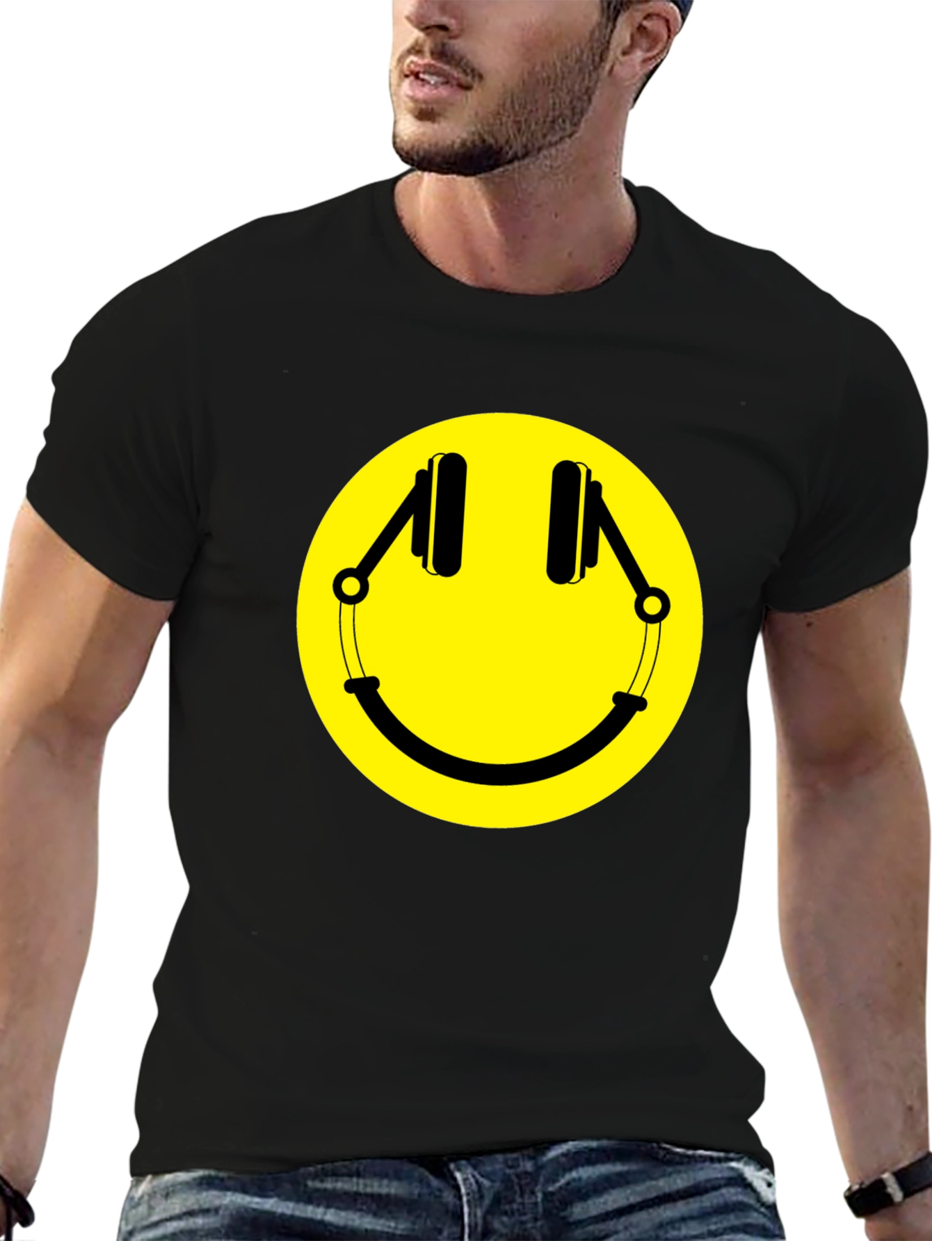 Smiley Face Headphones Graphic T-Shirt - Black
