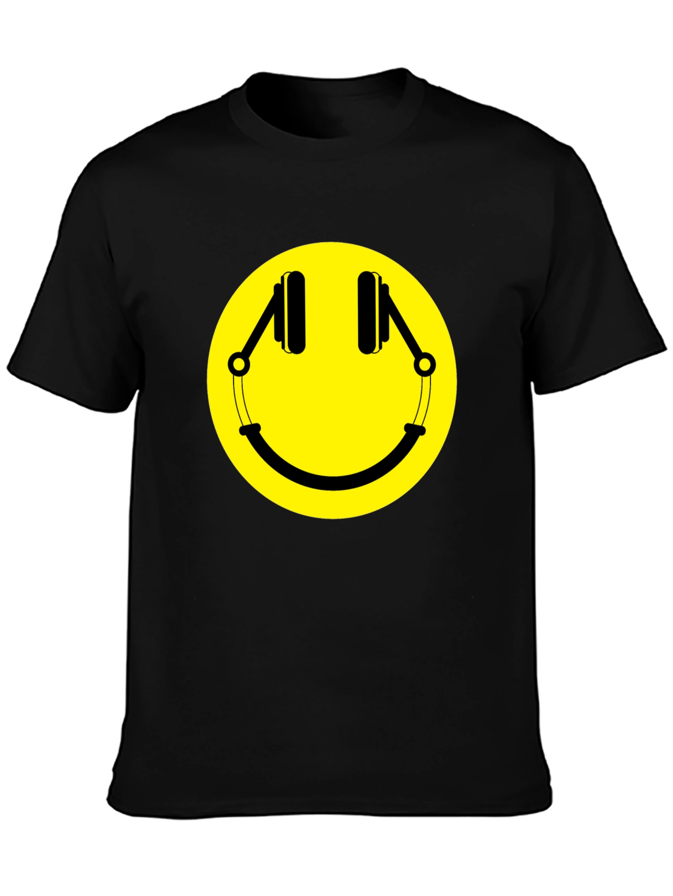 Smiley Face Headphones Graphic T-Shirt - Black