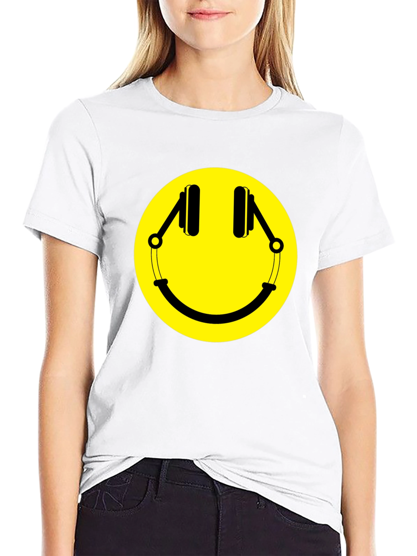 Smiley Face Headphones Graphic T-Shirt - Black