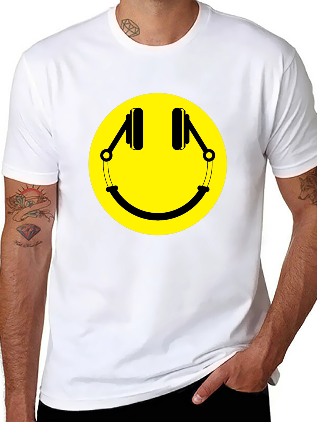 Smiley Face Headphones Graphic T-Shirt - Black