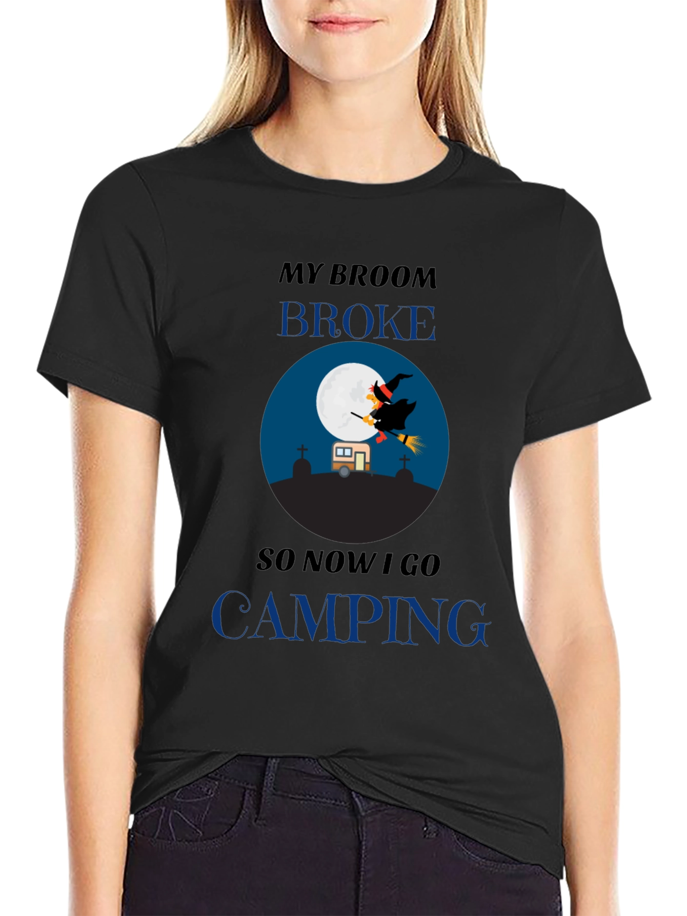 Funny Halloween Camping T-Shirt - Witch Broom Broke