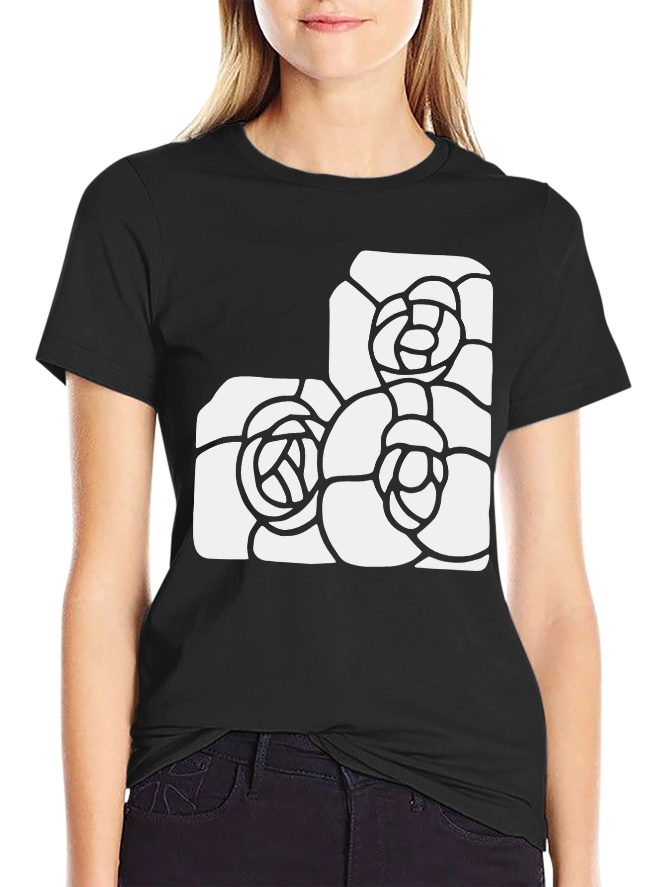 Black Tee with Abstract Floral Design