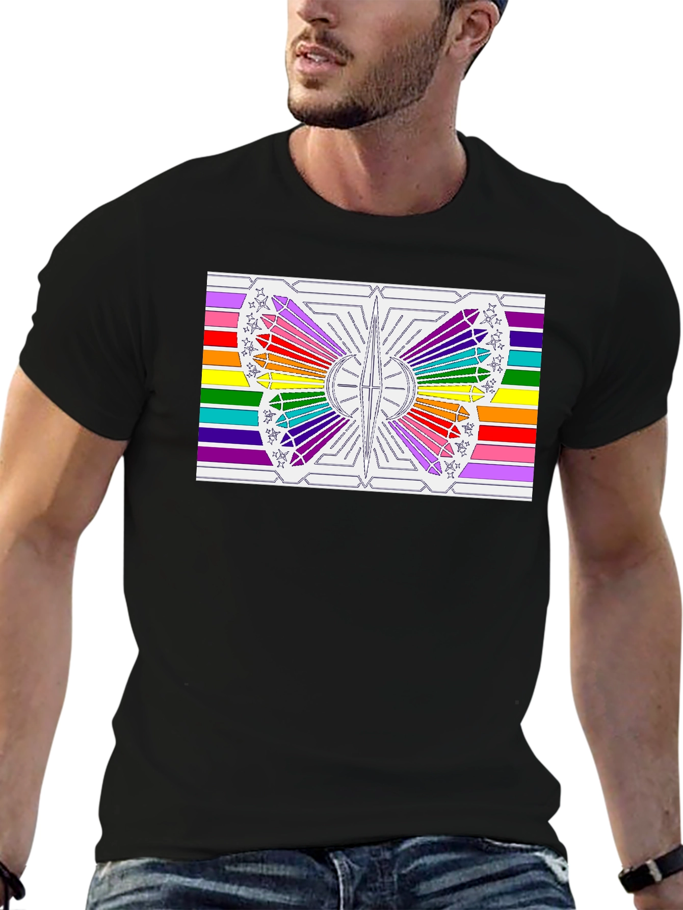 Rainbow Butterfly Graphic Tee - Black Cotton Casual Shirt