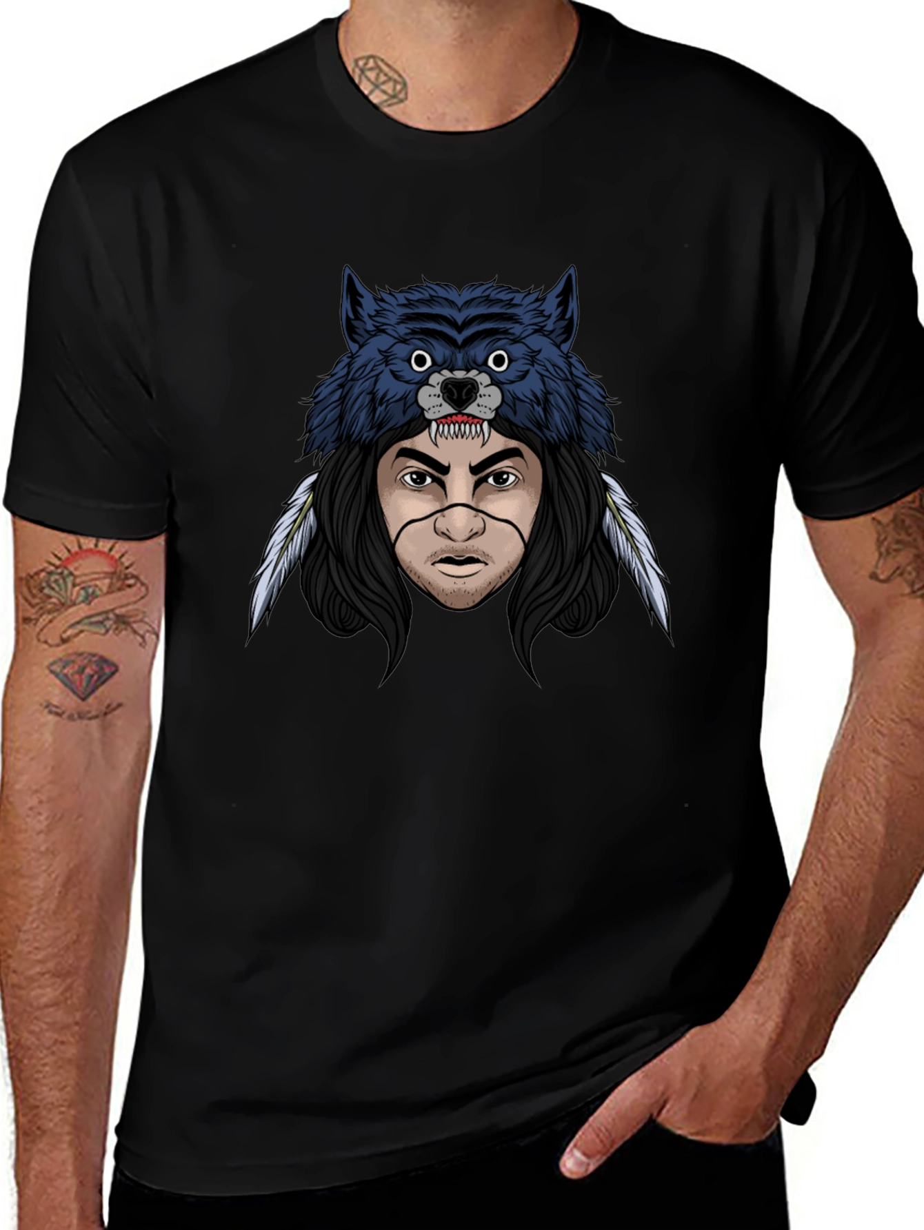 Wolf Headdress Graphic T-Shirt - Mens Black Tee