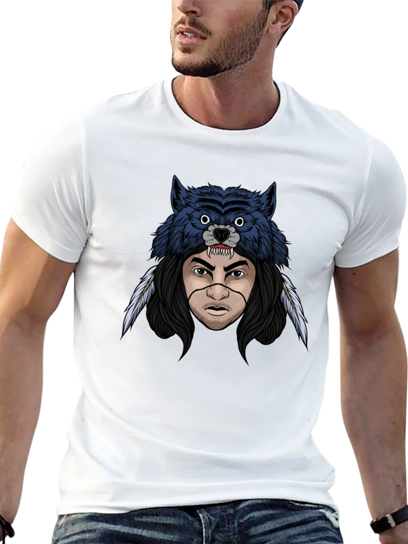 Wolf Headdress Graphic T-Shirt - Mens Black Tee