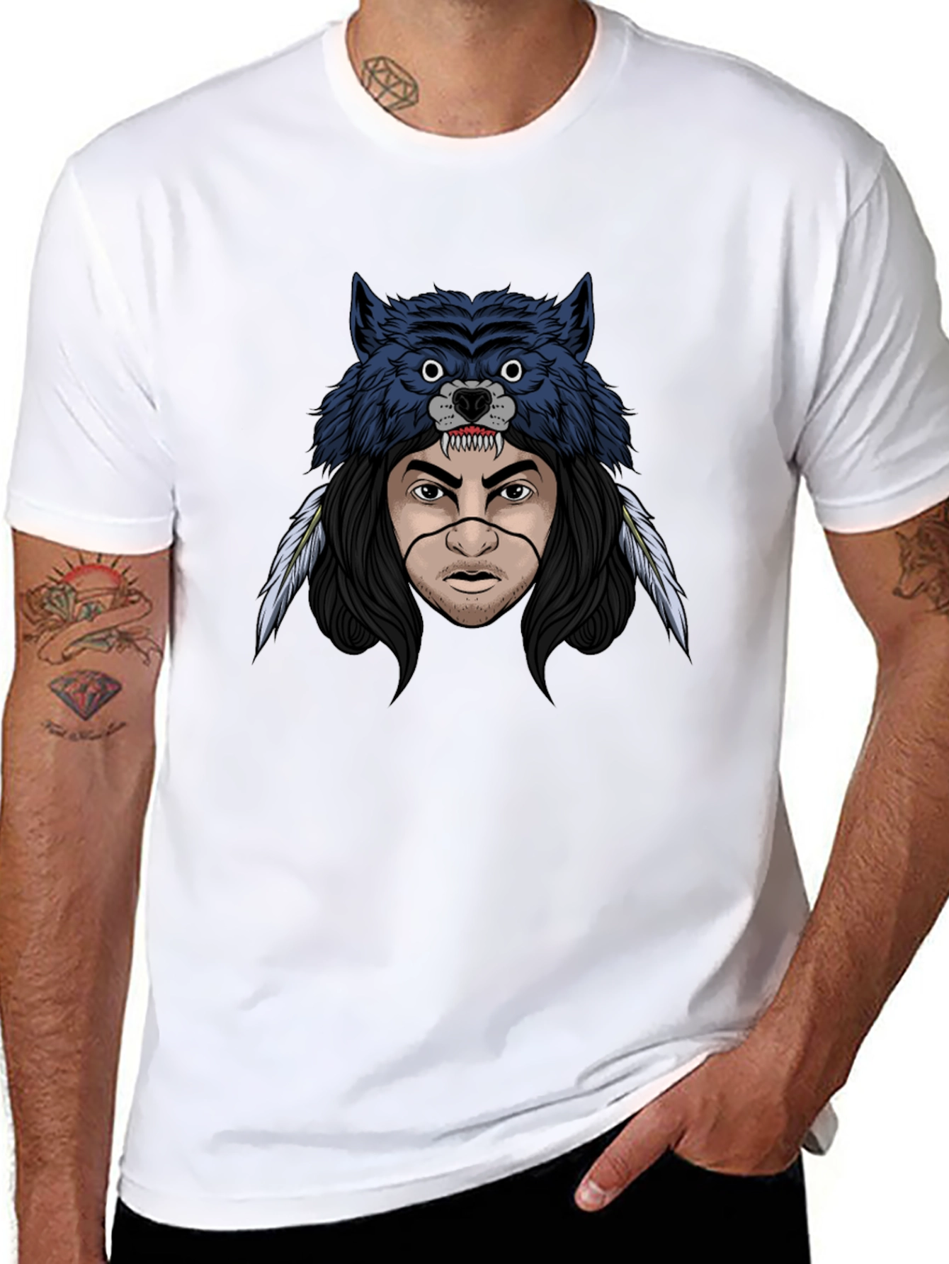 Wolf Headdress Graphic T-Shirt - Mens Black Tee