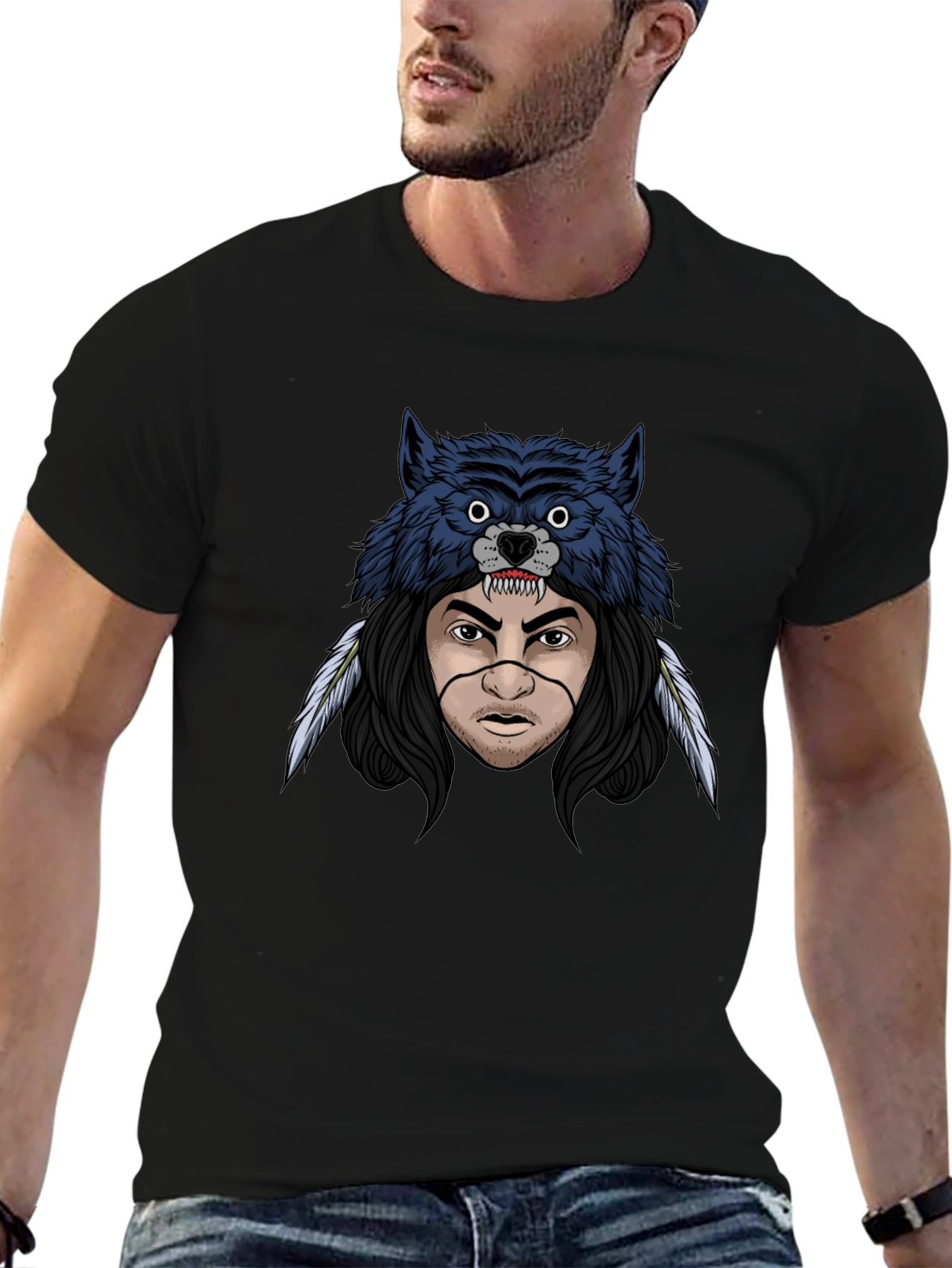Wolf Headdress Graphic T-Shirt - Mens Black Tee