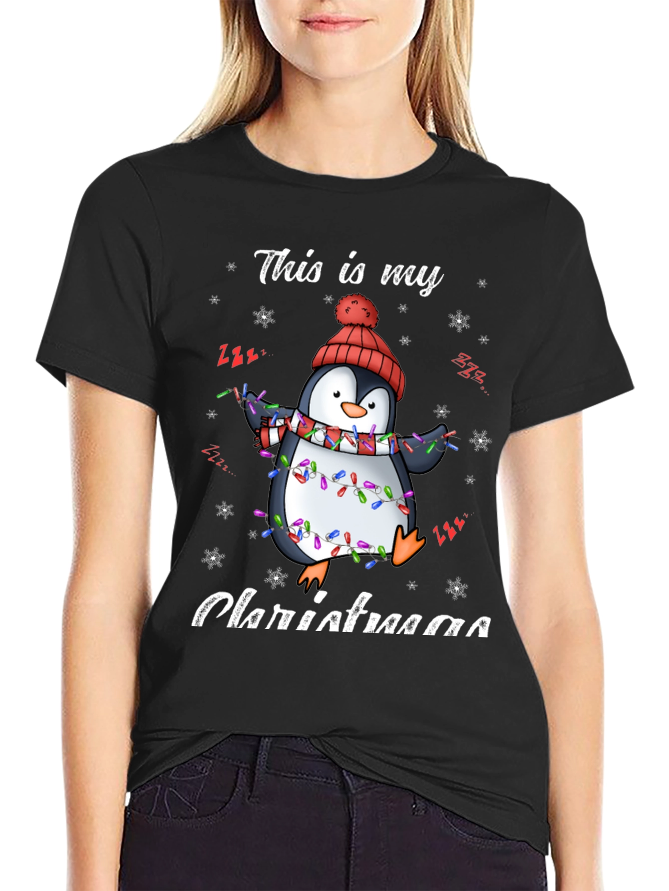 Penguin Christmas Lights Graphic Tee