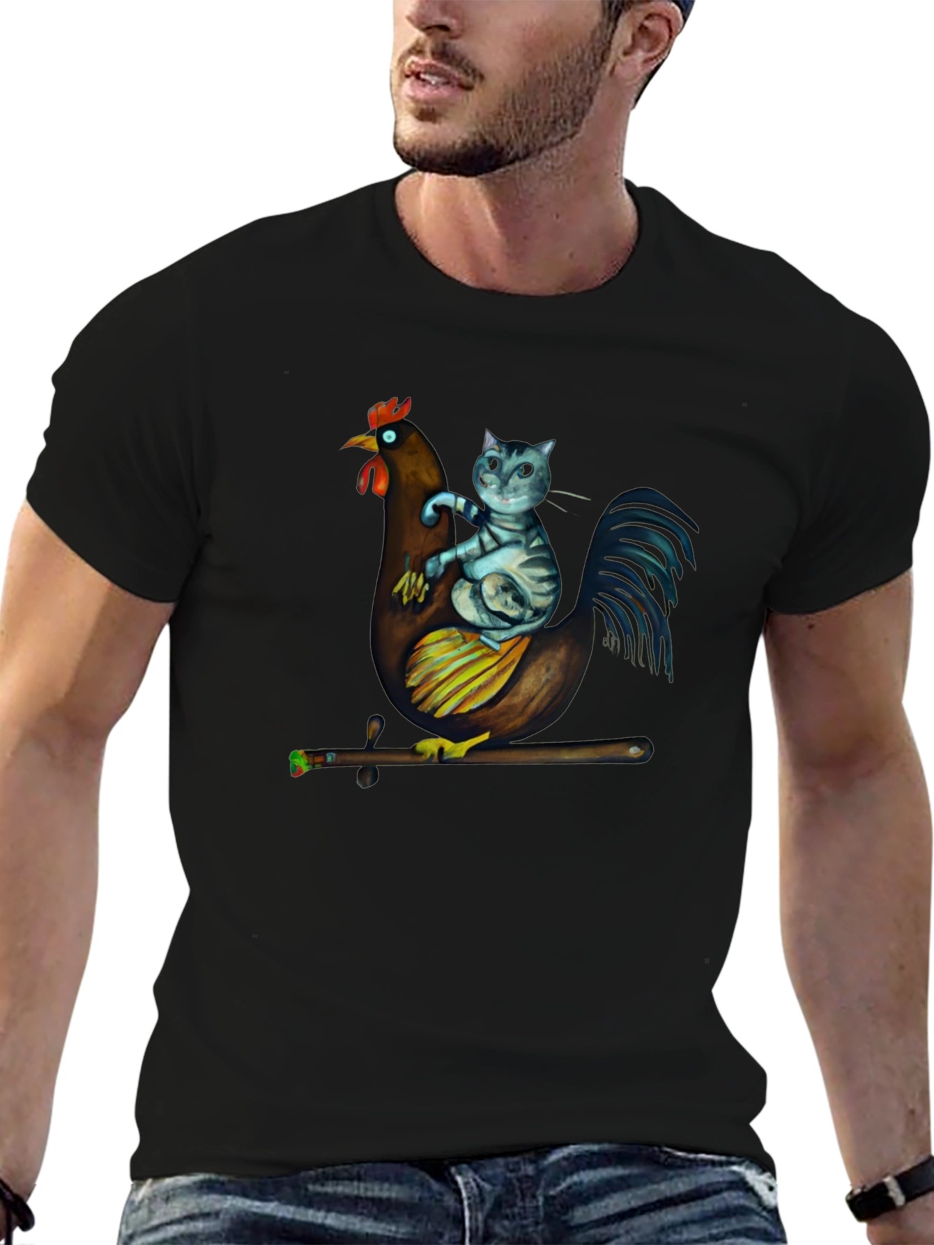 Cat Riding Chicken T-Shirt - Quirky Graphic Tee