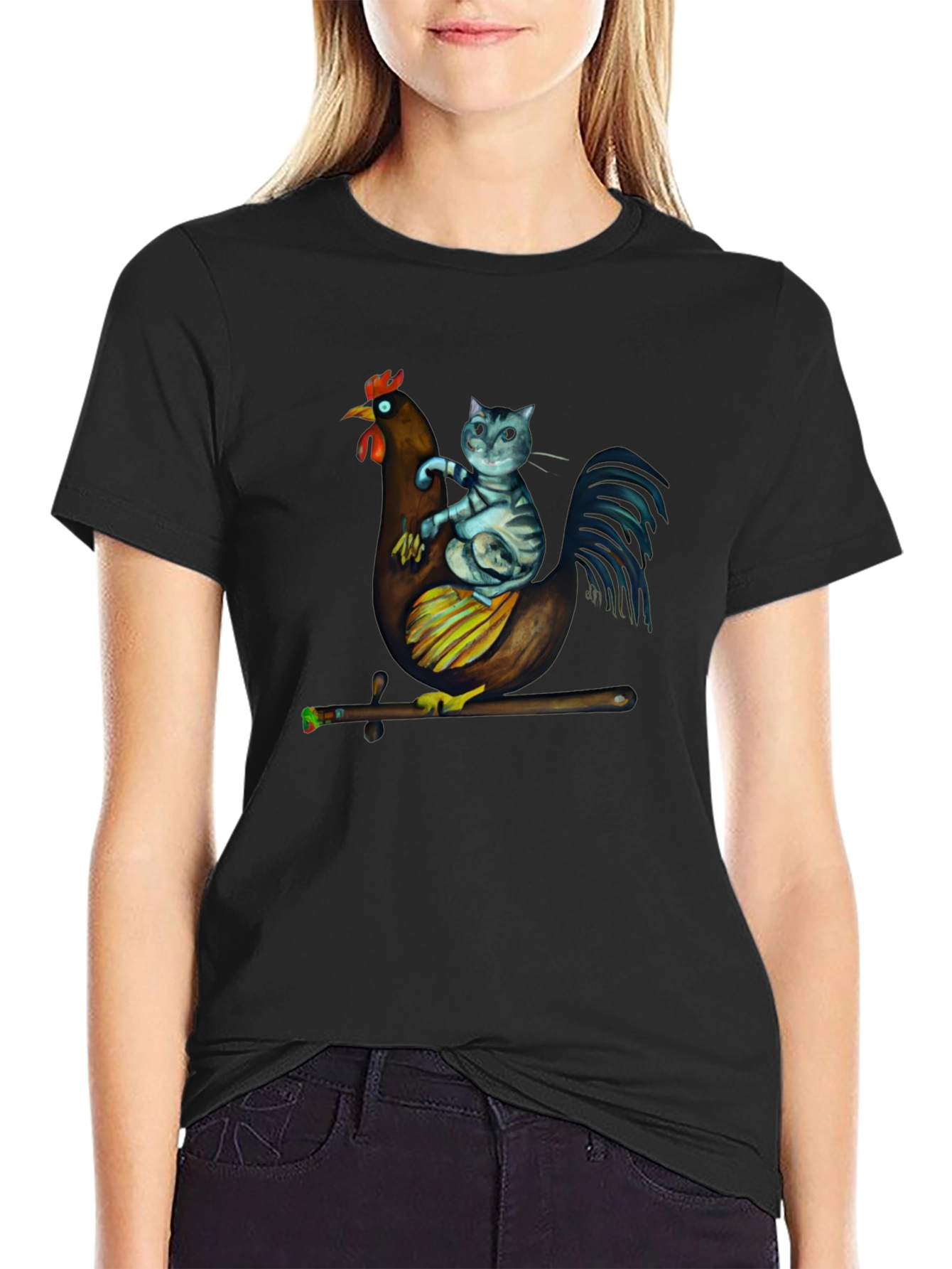 Cat Riding Chicken T-Shirt - Quirky Graphic Tee