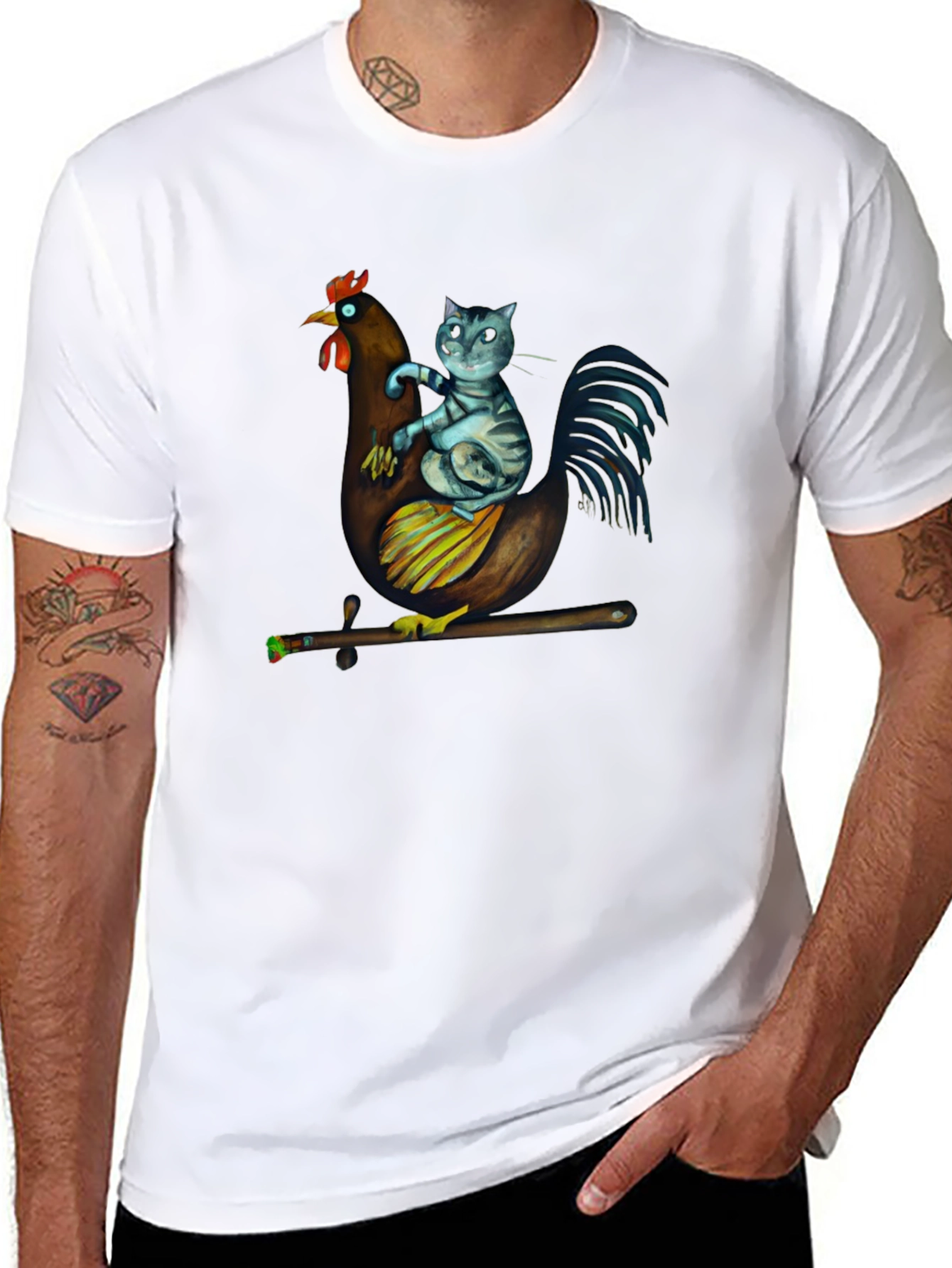 Cat Riding Chicken T-Shirt - Quirky Graphic Tee