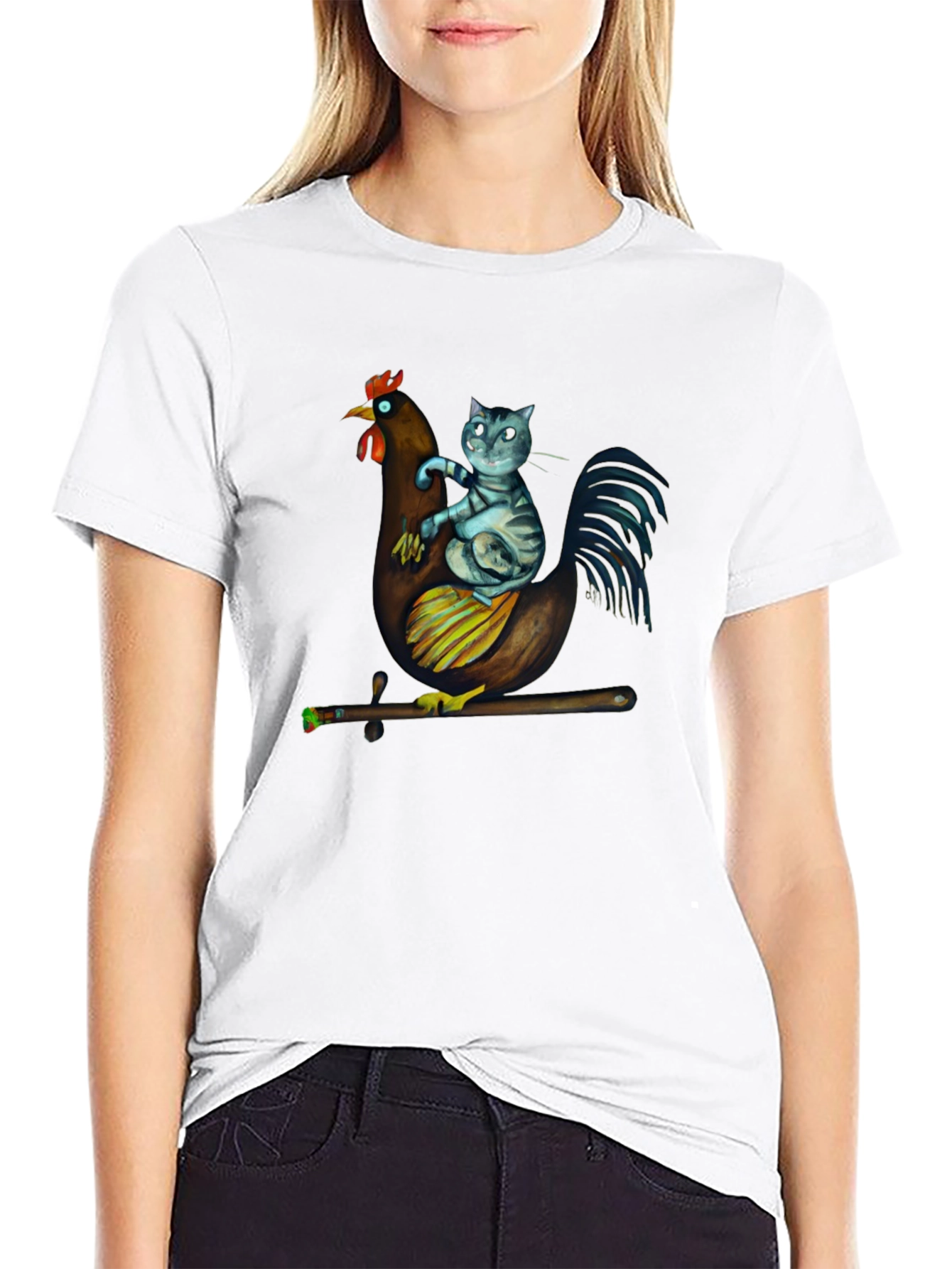 Cat Riding Chicken T-Shirt - Quirky Graphic Tee
