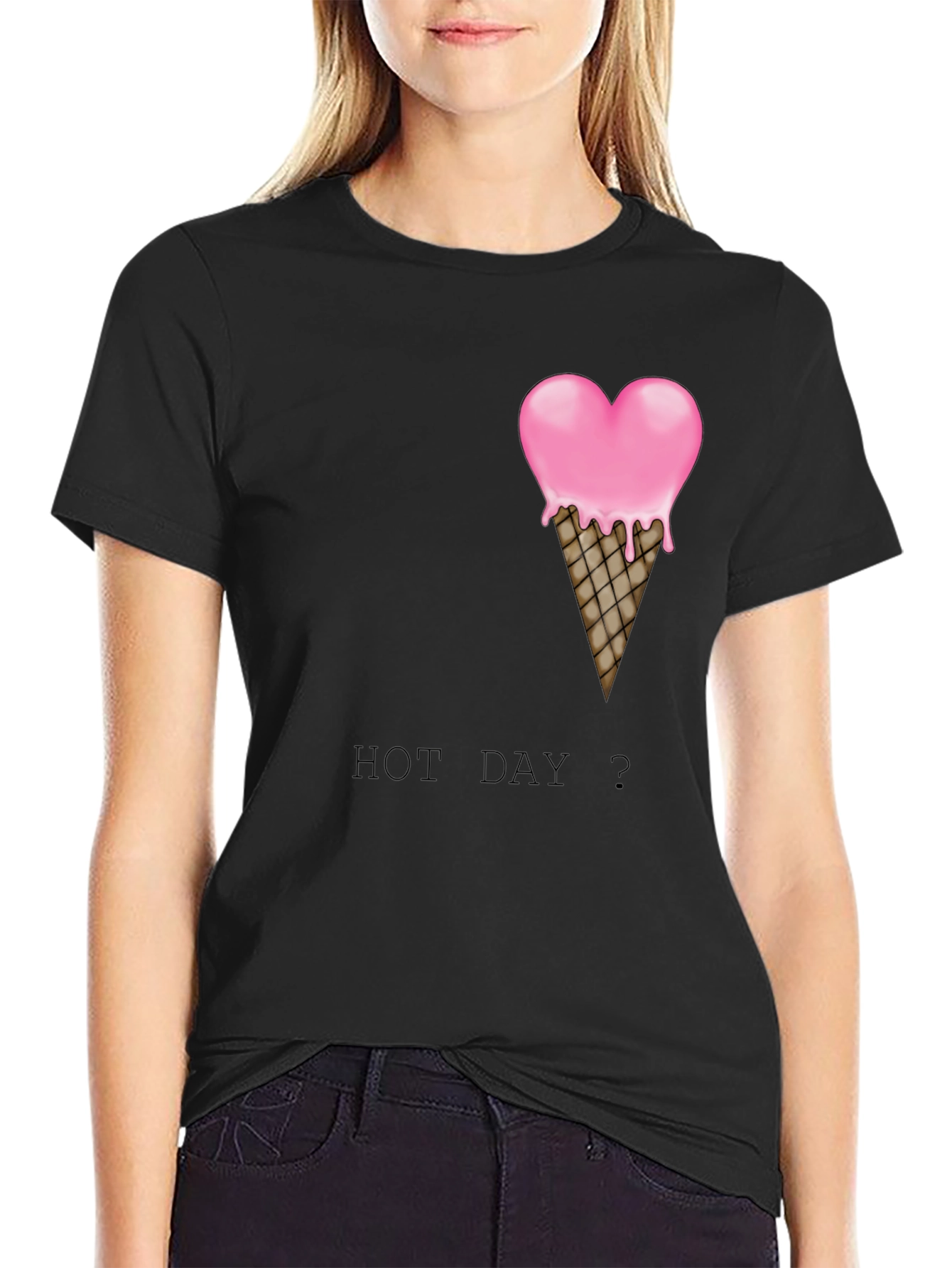 Heart Ice Cream Cone Graphic Black T-Shirt