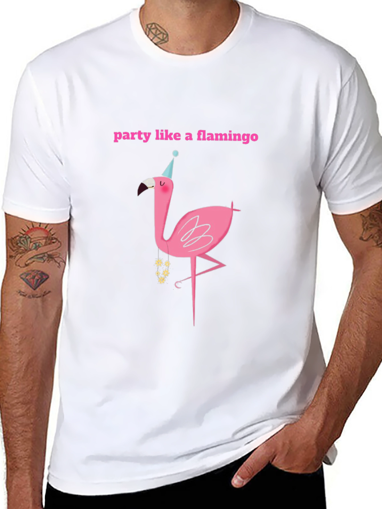 Party Flamingo Graphic Tee - Black Cotton T-Shirt