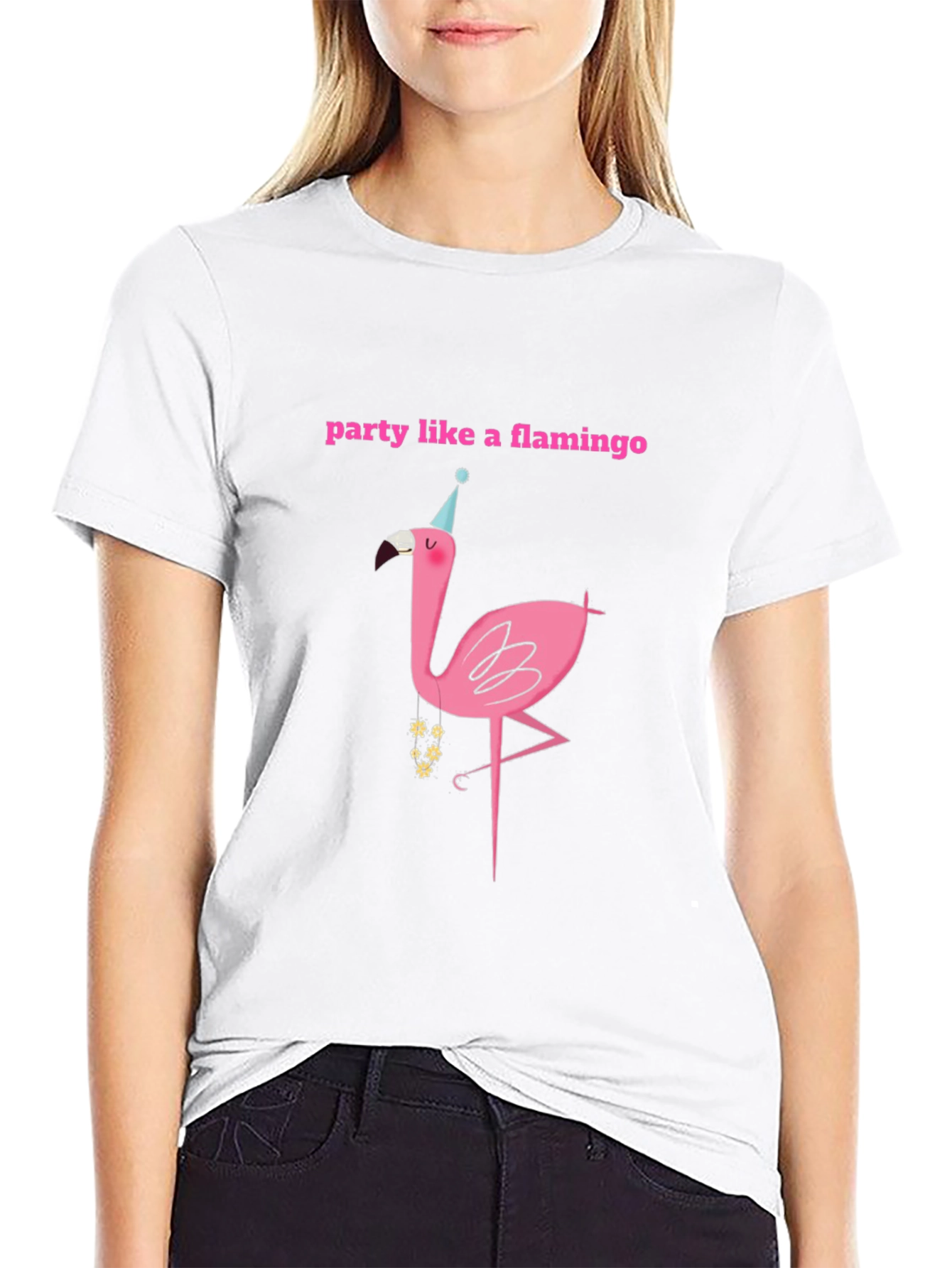Party Flamingo Graphic Tee - Black Cotton T-Shirt