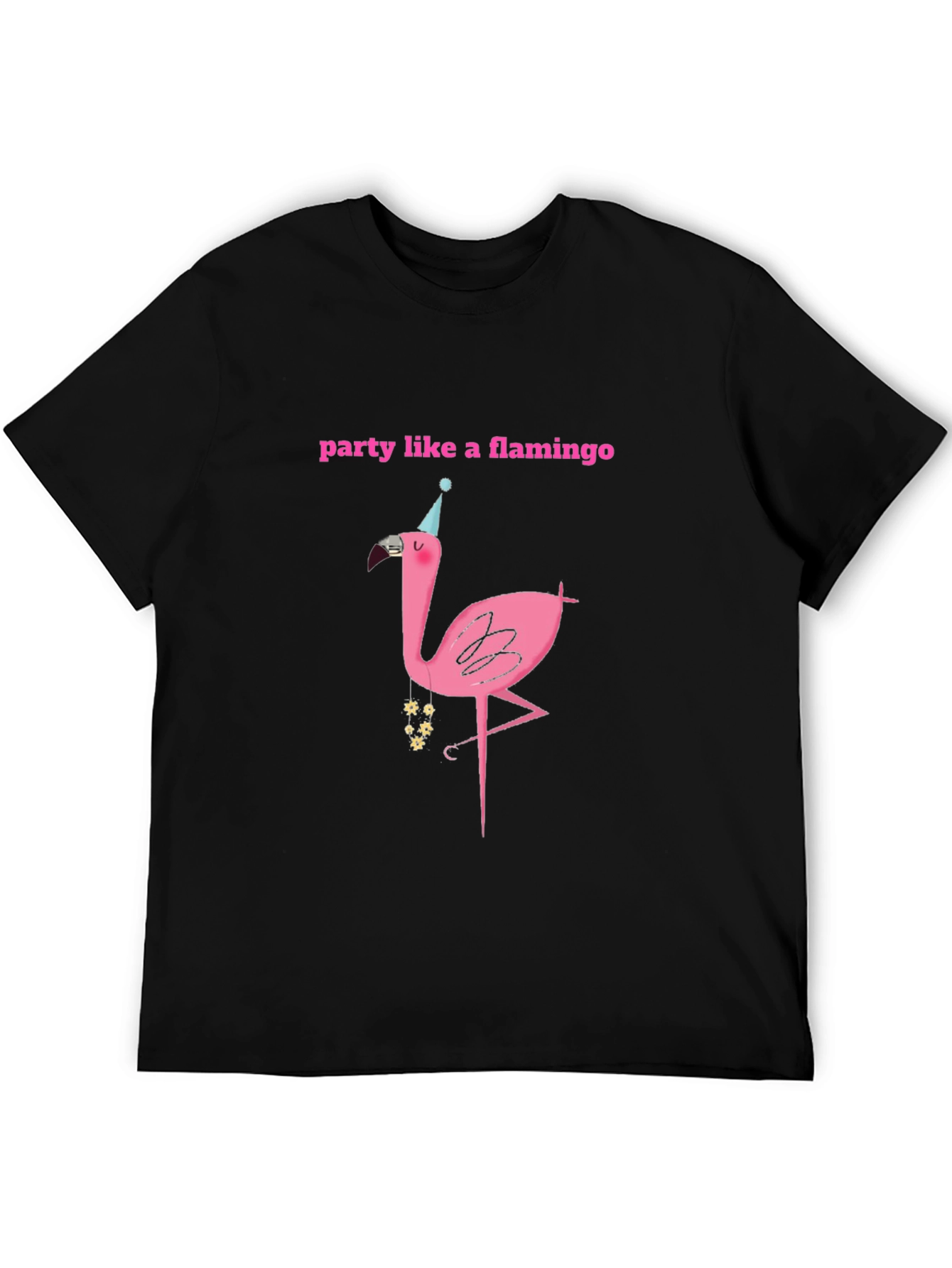 Party Flamingo Graphic Tee - Black Cotton T-Shirt