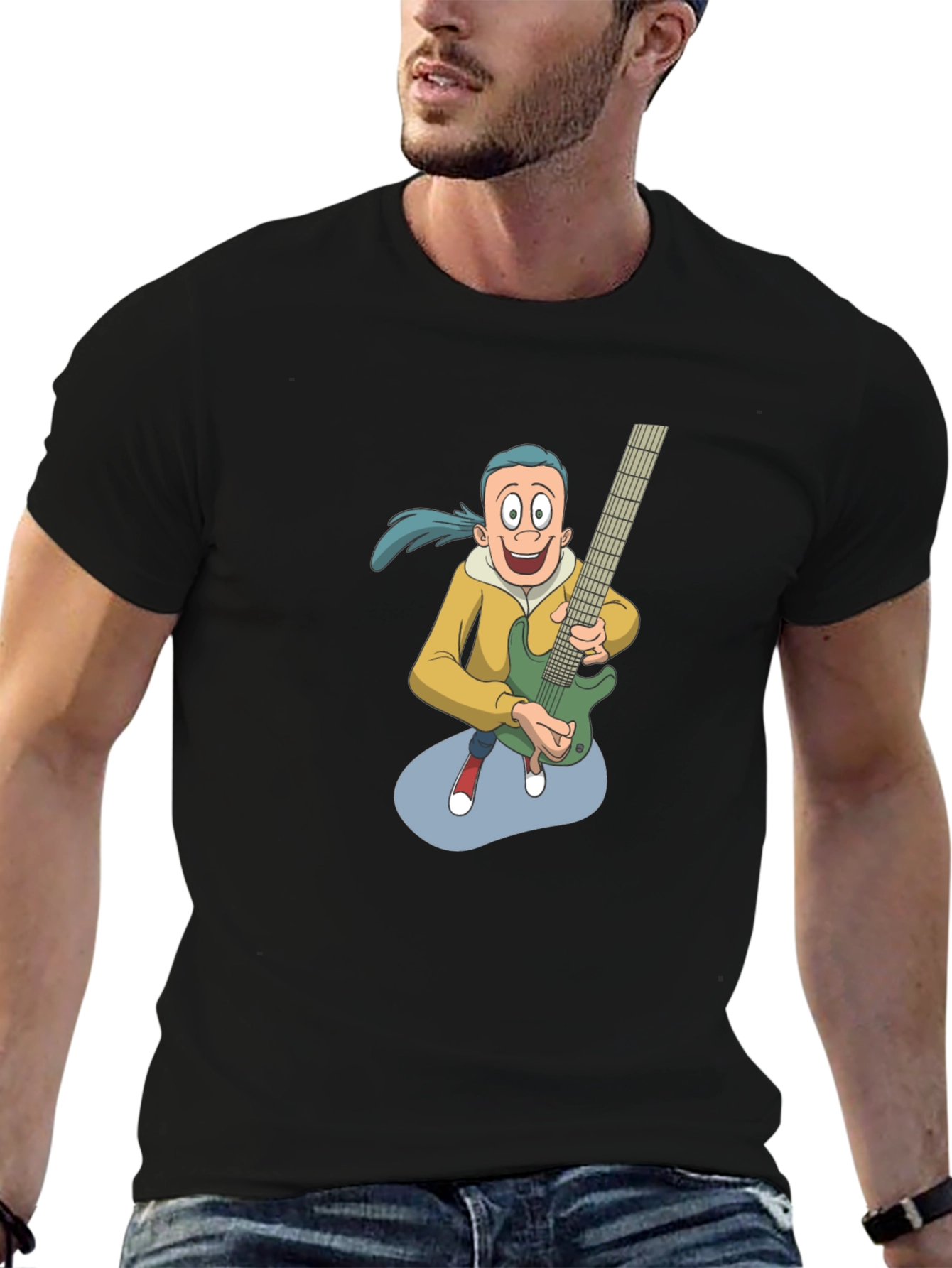 Cartoon Guitarist Graphic Tee - Black