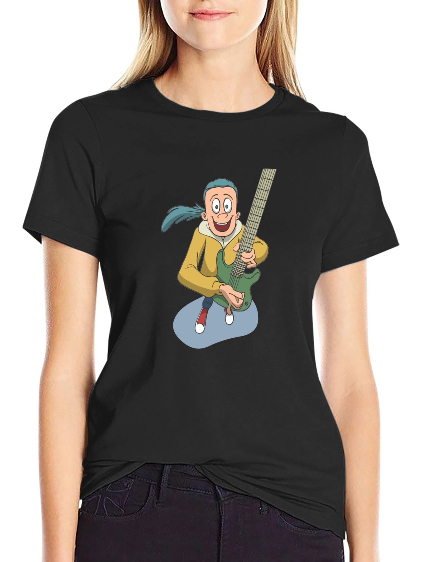 Cartoon Guitarist Graphic Tee - Black