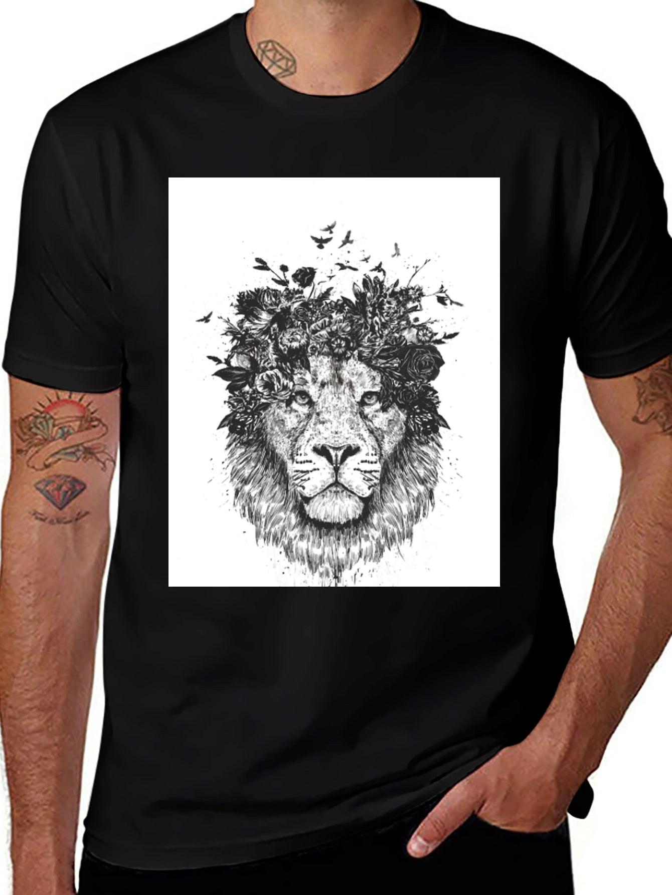 Lion Floral Crown Graphic Tee - Black