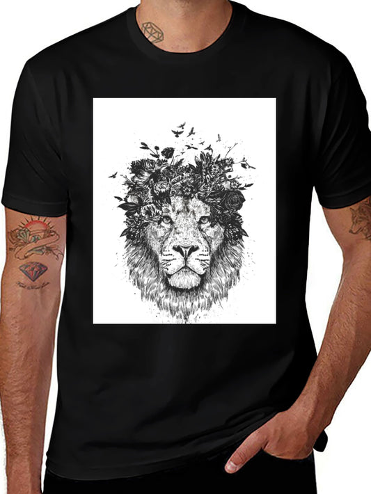 Lion Floral Crown Graphic Tee - Black