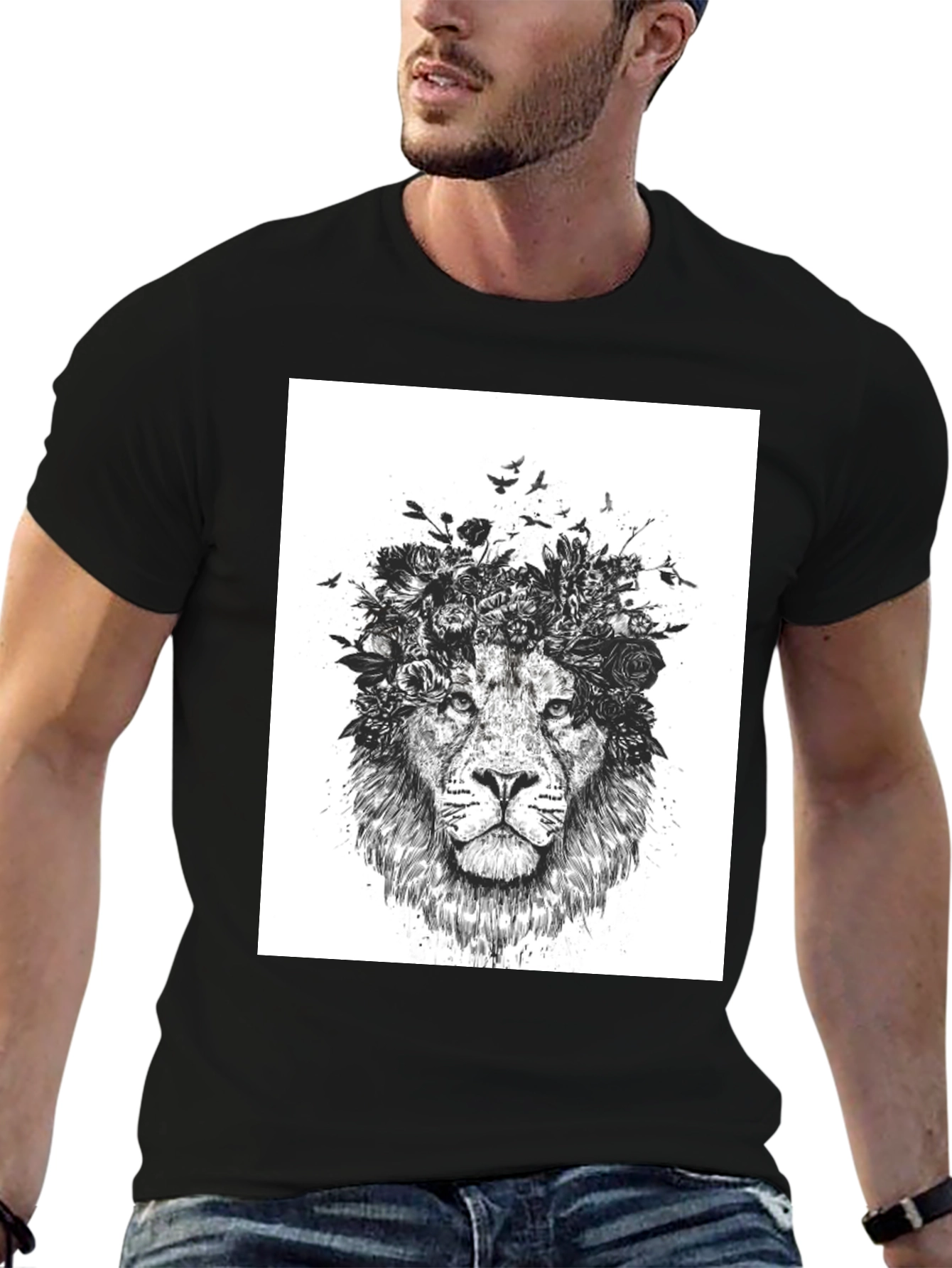 Lion Floral Crown Graphic Tee - Black