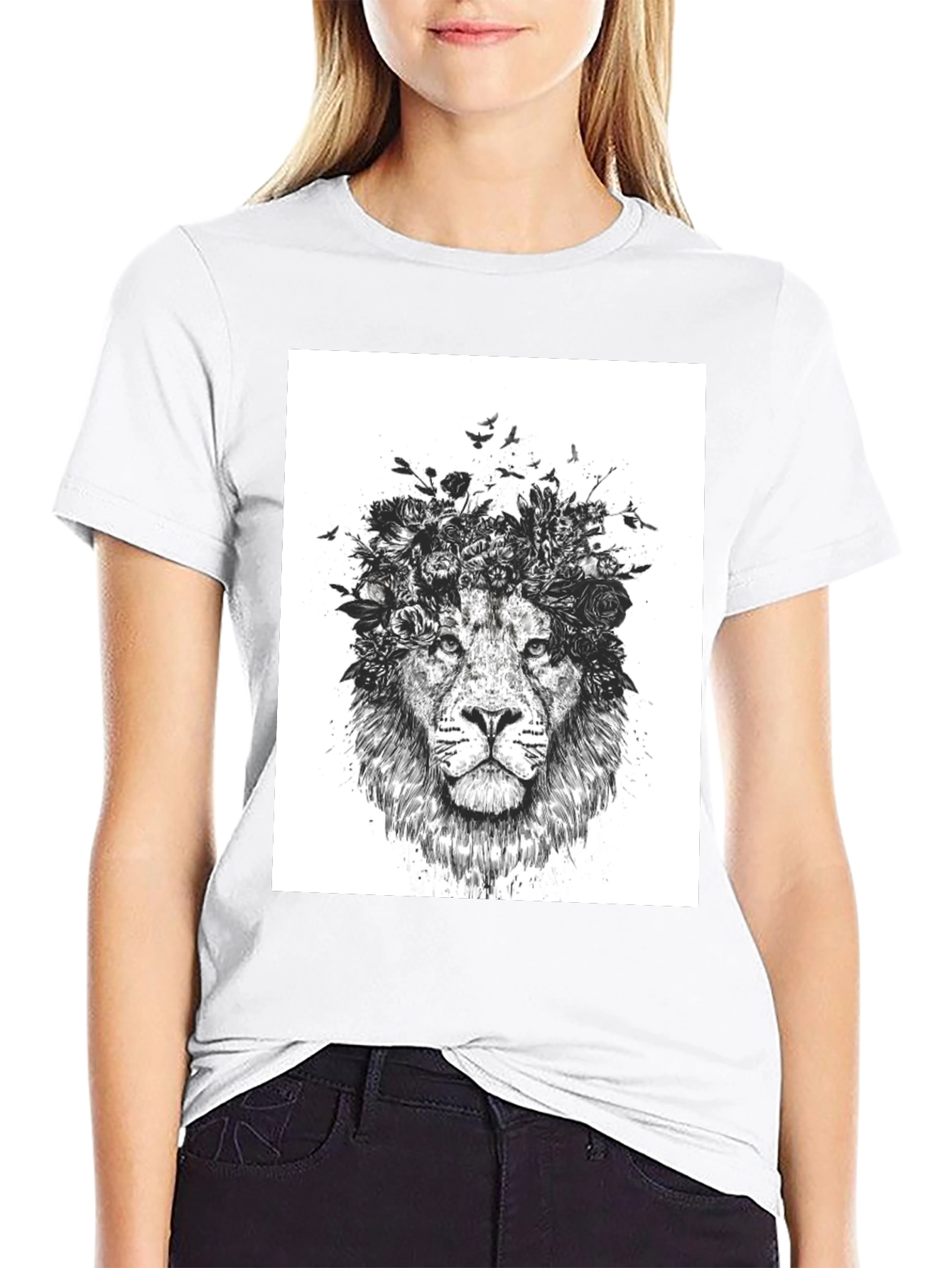 Lion Floral Crown Graphic Tee - Black