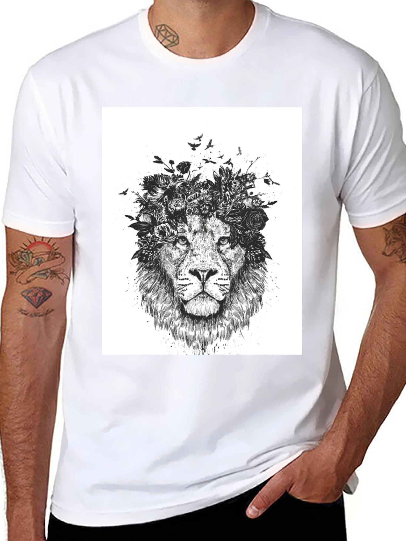 Lion Floral Crown Graphic Tee - Black