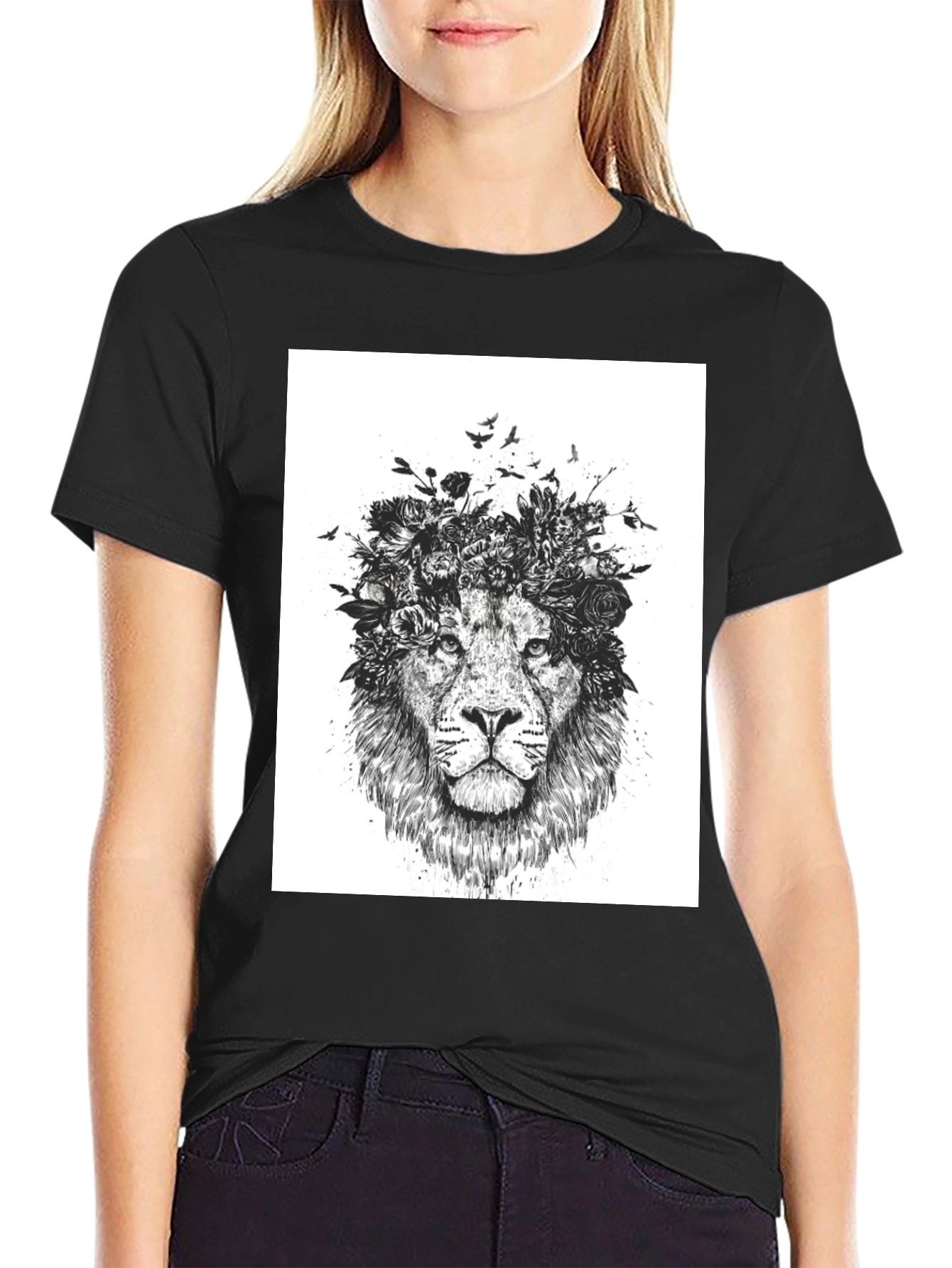 Lion Floral Crown Graphic Tee - Black