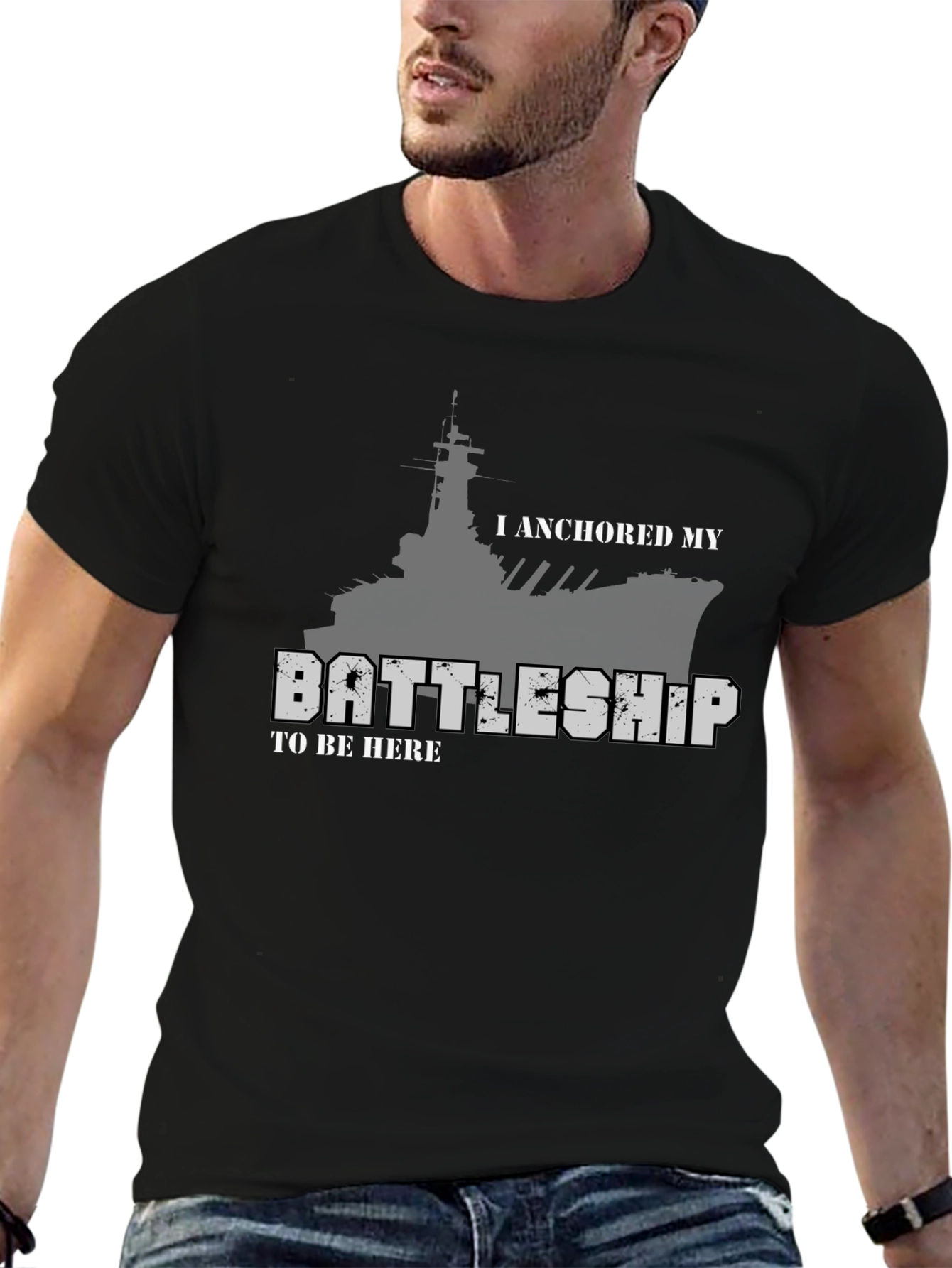 Anchored Battleship Graphic Tee - Black Cotton Shirt