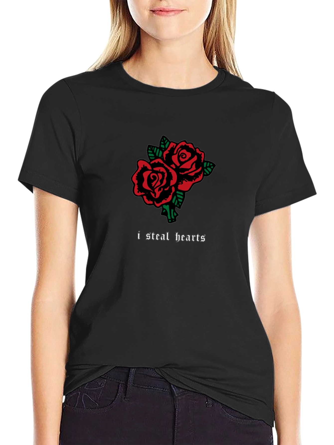 I Steal Hearts Rose Graphic Black T-Shirt