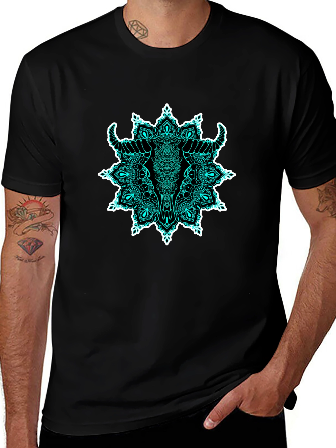 Bull Skull Mandala Graphic T-Shirt - Black