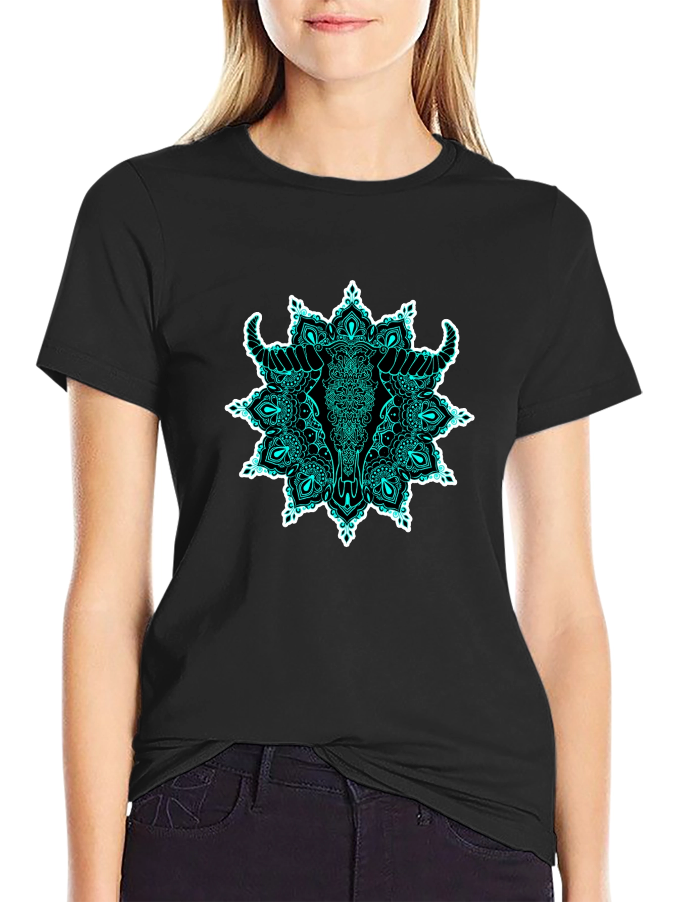 Bull Skull Mandala Graphic T-Shirt - Black