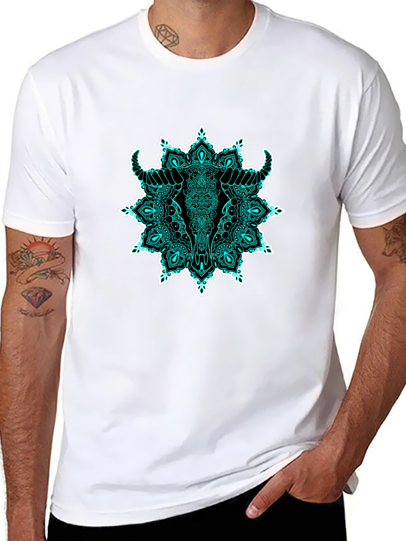 Bull Skull Mandala Graphic T-Shirt - Black