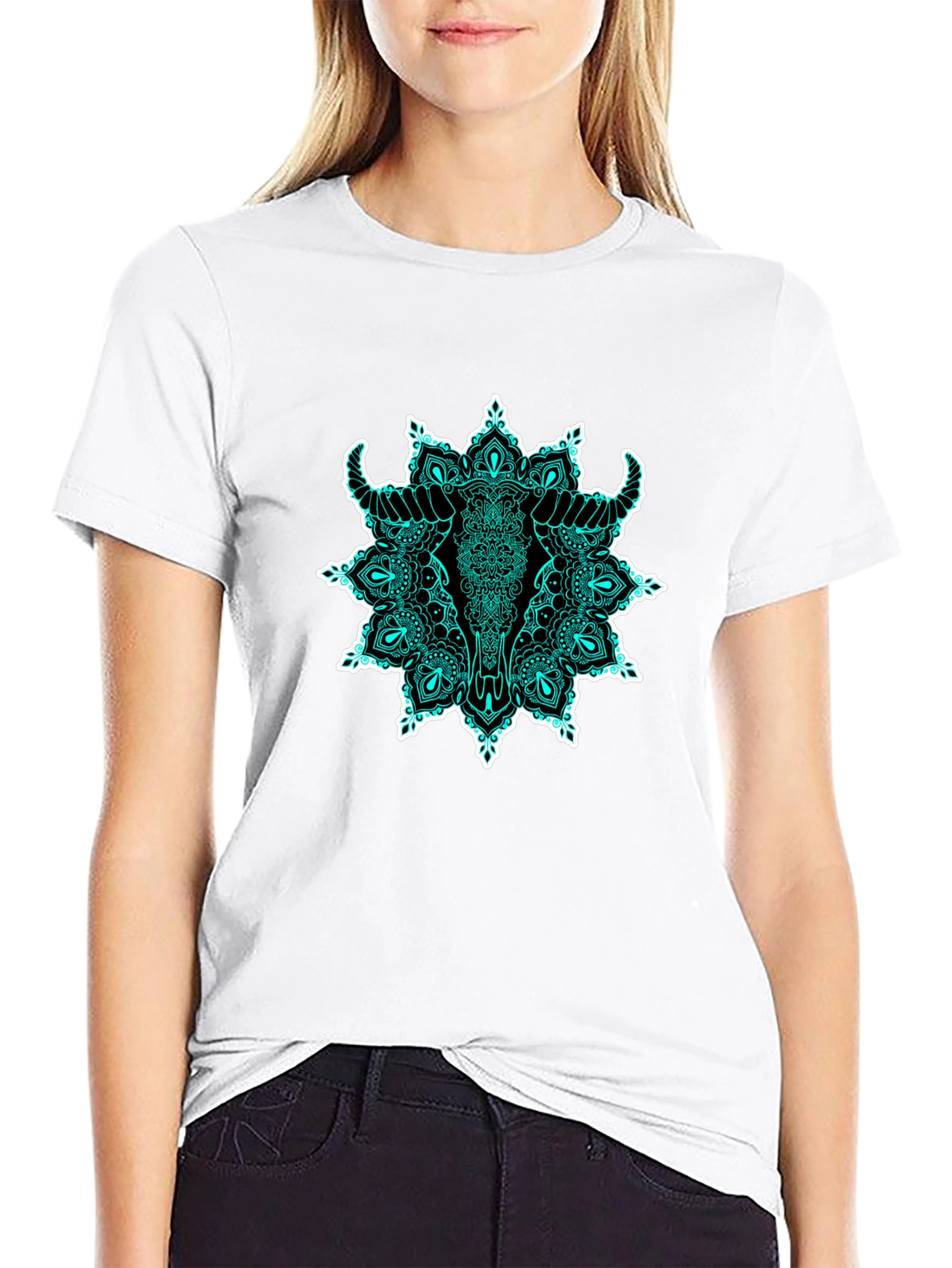 Bull Skull Mandala Graphic T-Shirt - Black