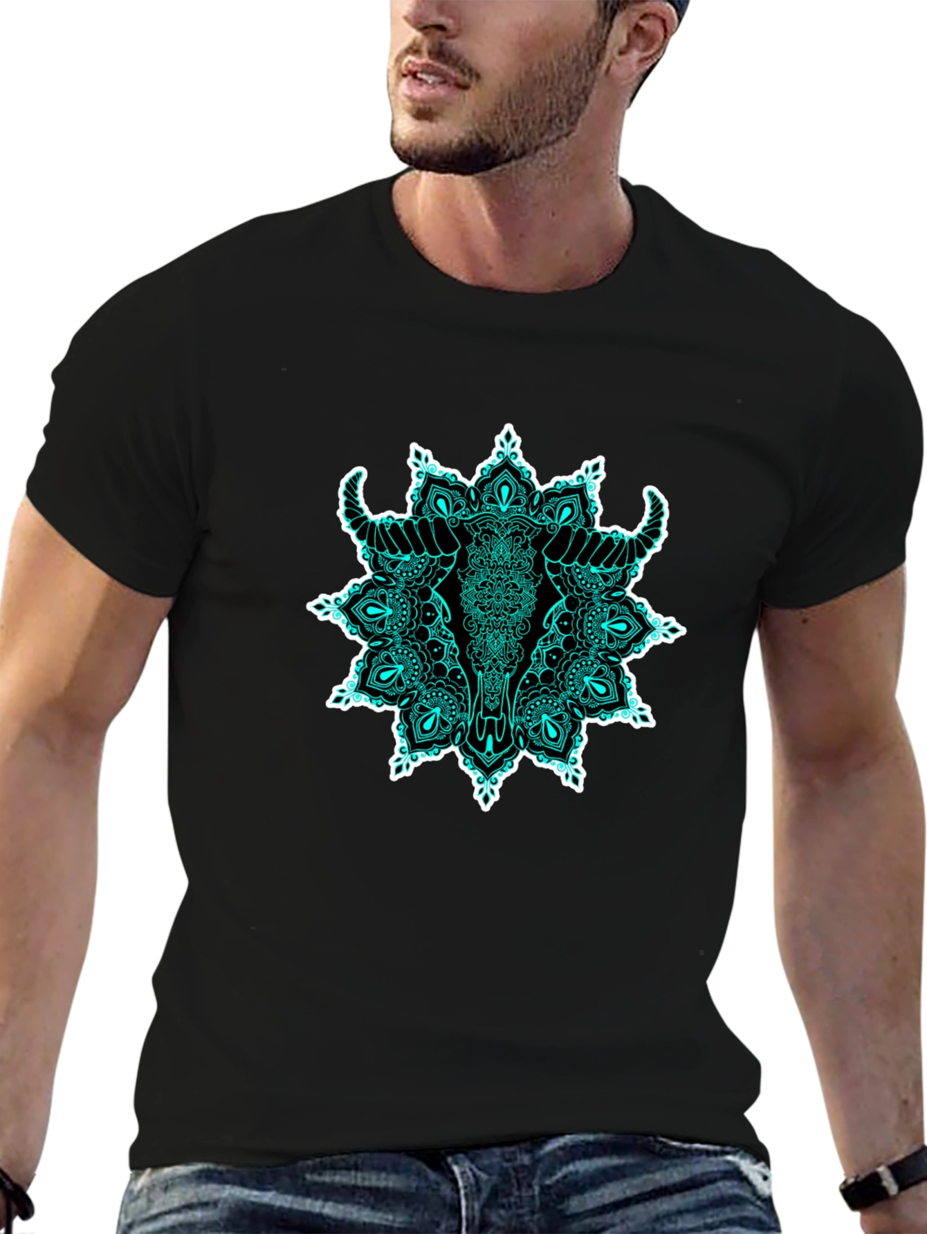 Bull Skull Mandala Graphic T-Shirt - Black