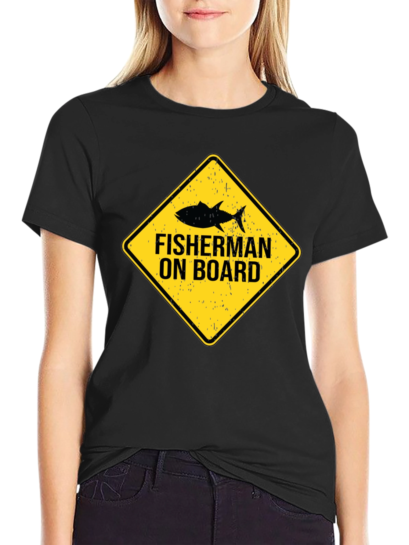 Fisherman On Board Black Cotton T-Shirt