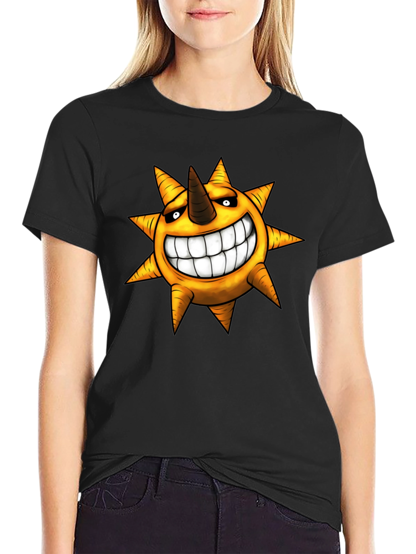 Mens Black T-shirt with Smiling Sun Design