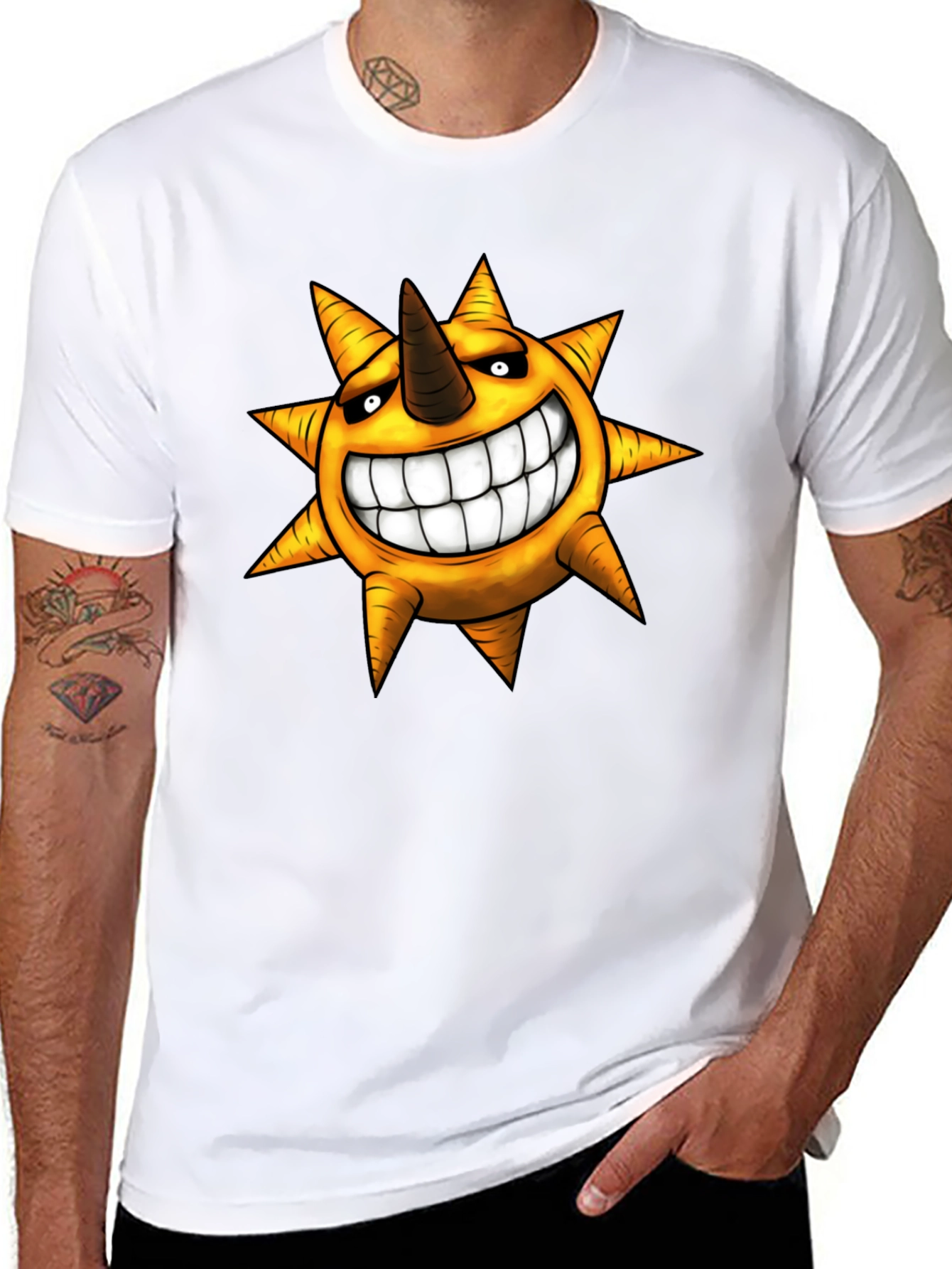 Mens Black T-shirt with Smiling Sun Design