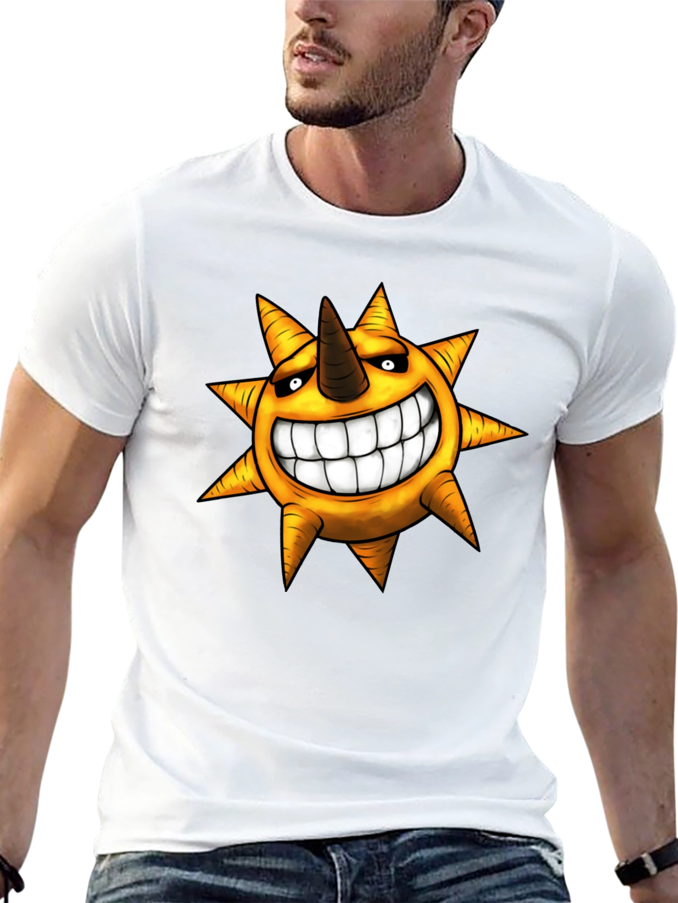 Mens Black T-shirt with Smiling Sun Design